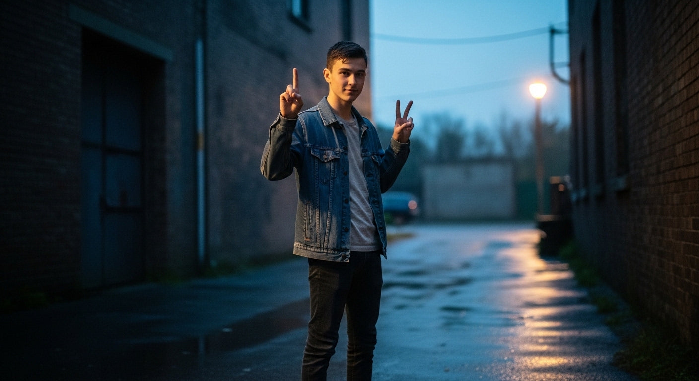 Image of Born again Christian streetwear — young man wearing faith-based apparel, bold pose, representing the Born Twice collection by Entrusted to Him