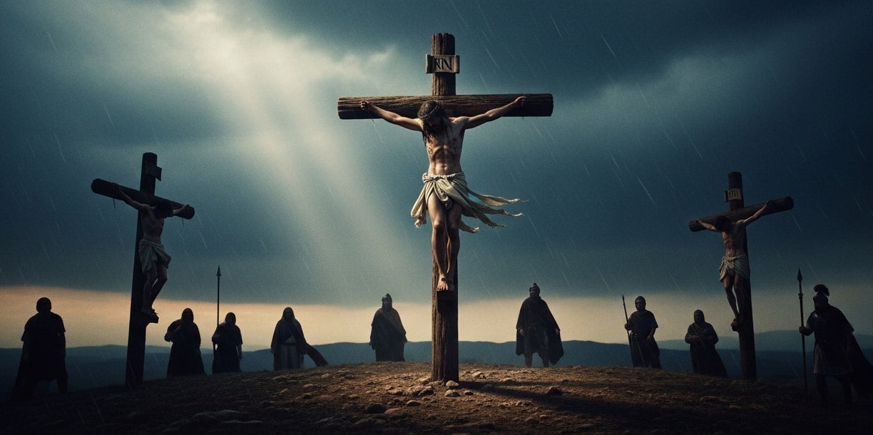 Image of Jesus on the cross at Golgotha with rays of light breaking through storm clouds — It Wasn't Meant for Him devotional — Entrusted to Him