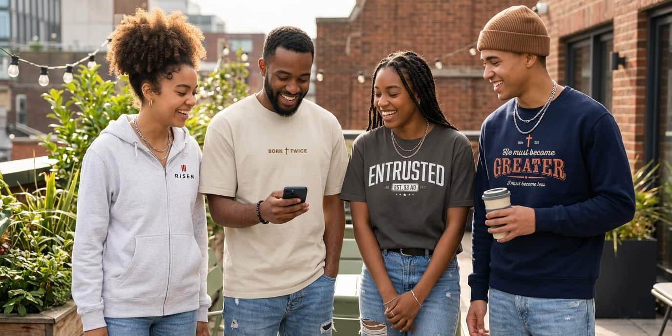 Image of Four friends laughing over a phone, wearing Entrusted to Him tees, a sweatshirt and a zip hoodie