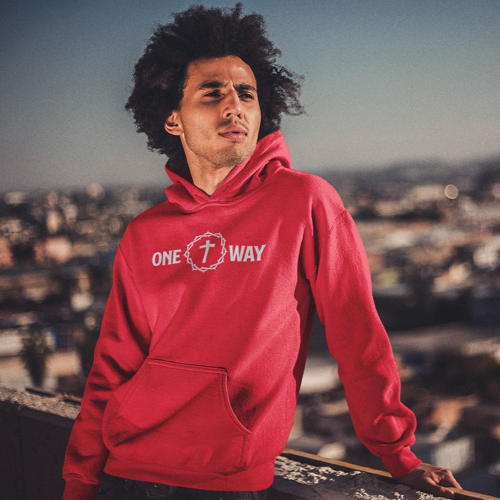Image of A young person sporting a vibrant red hoodie with an embroidered design that reads 