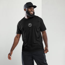 Image of A man wearing a performance shirt with a cross and crown.