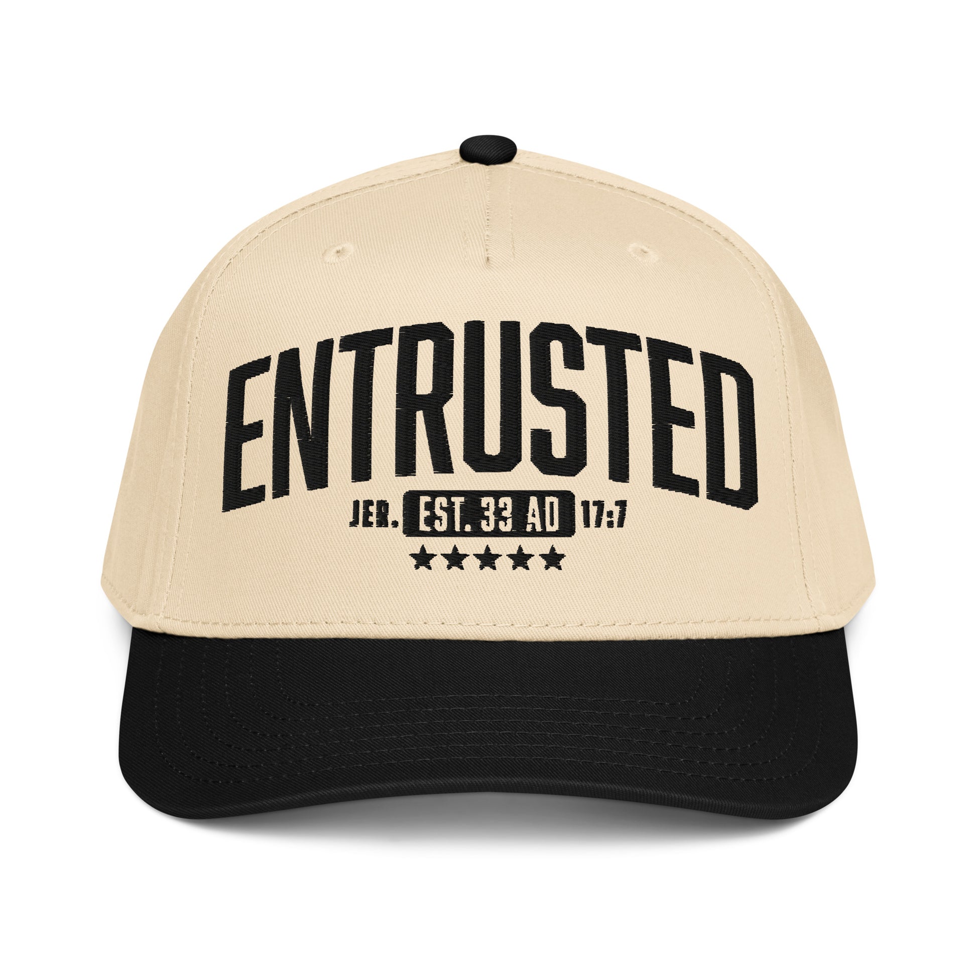 Entrusted 33AD Christian cap black natural front view — Entrusted to Him