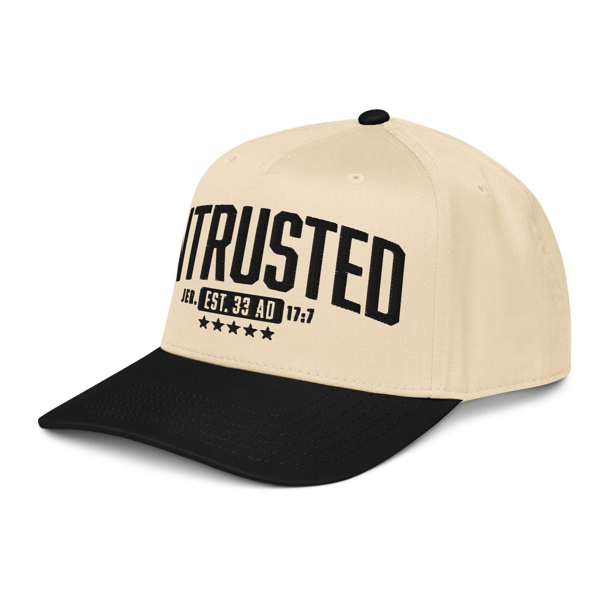 Image of Entrusted 33AD christian hat for men black natural left front view — Entrusted to Him