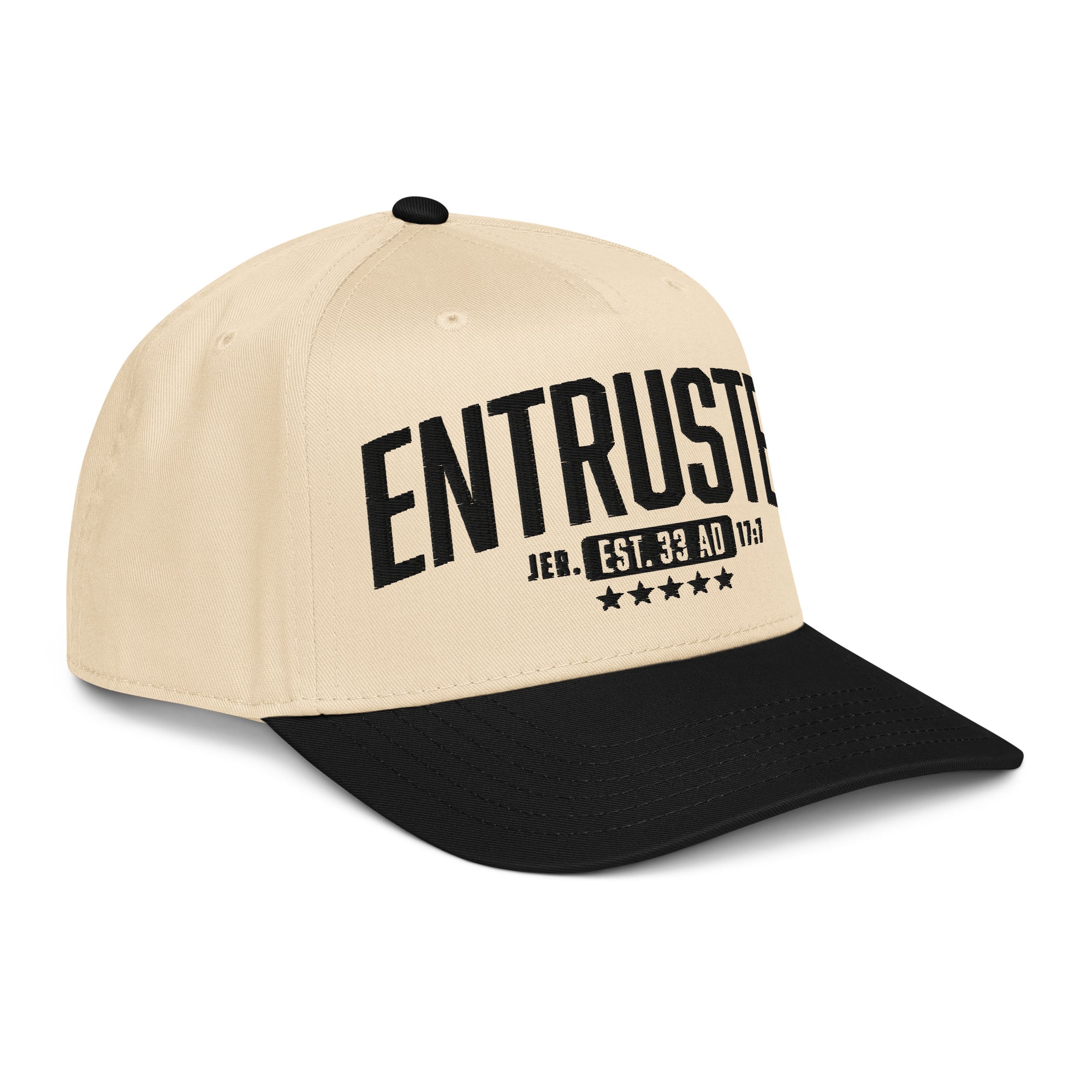 Image of Entrusted 33AD Christian hat black natural right front view — Entrusted to Him
