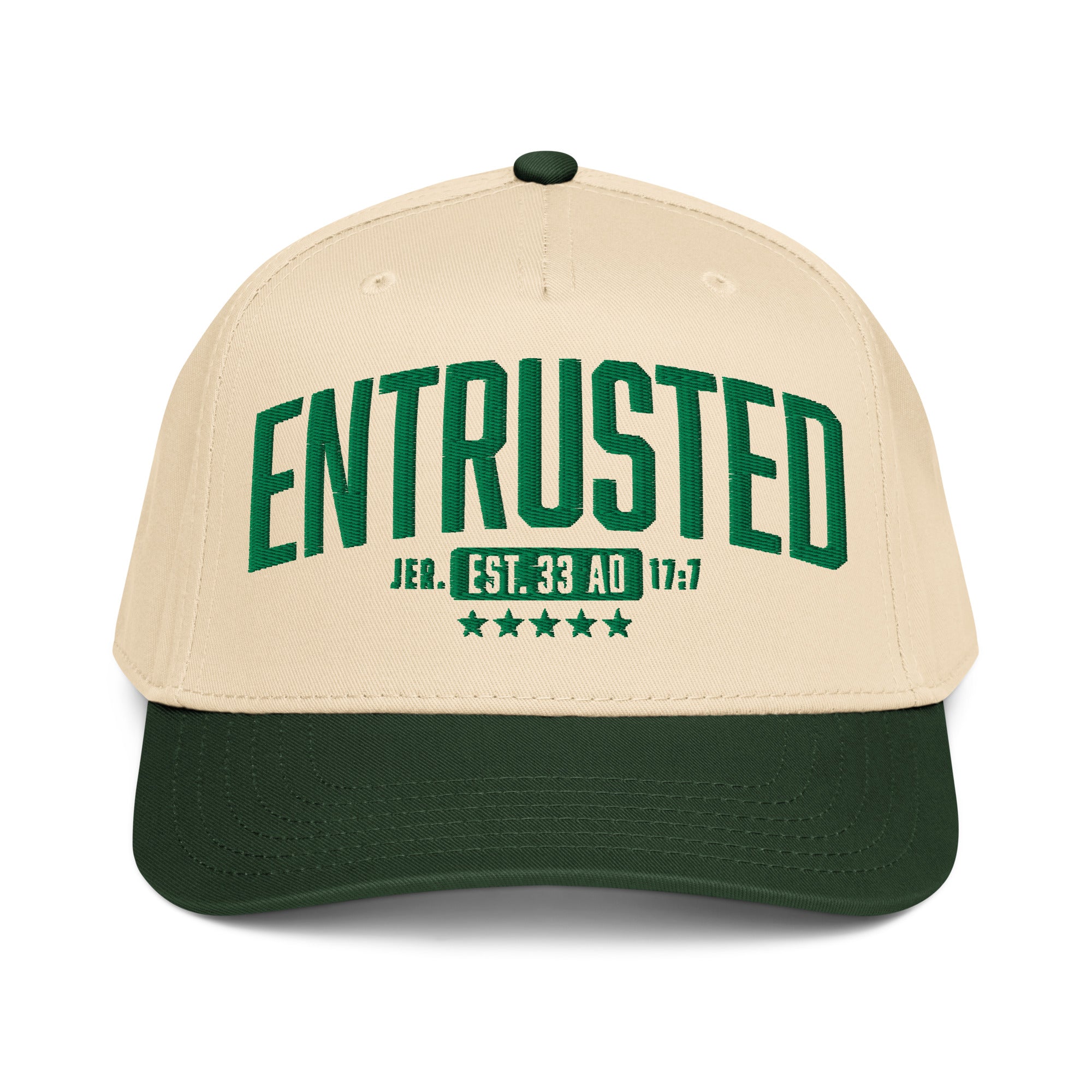 Image of Entrusted 33AD Christian cap dark green natural front view — Entrusted to Him