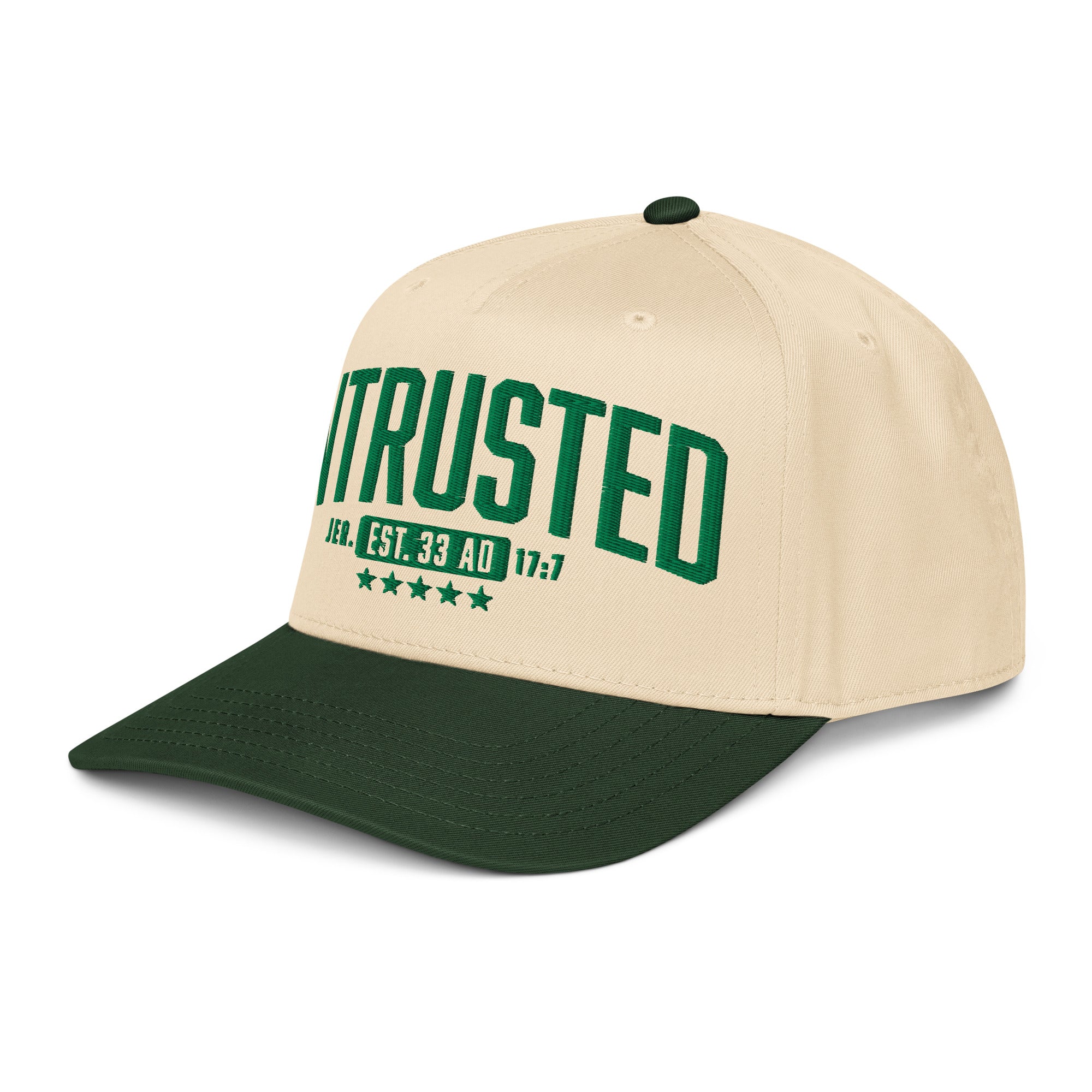 Image of Entrusted 33AD christian hat for men dark green natural left front view — Entrusted to Him