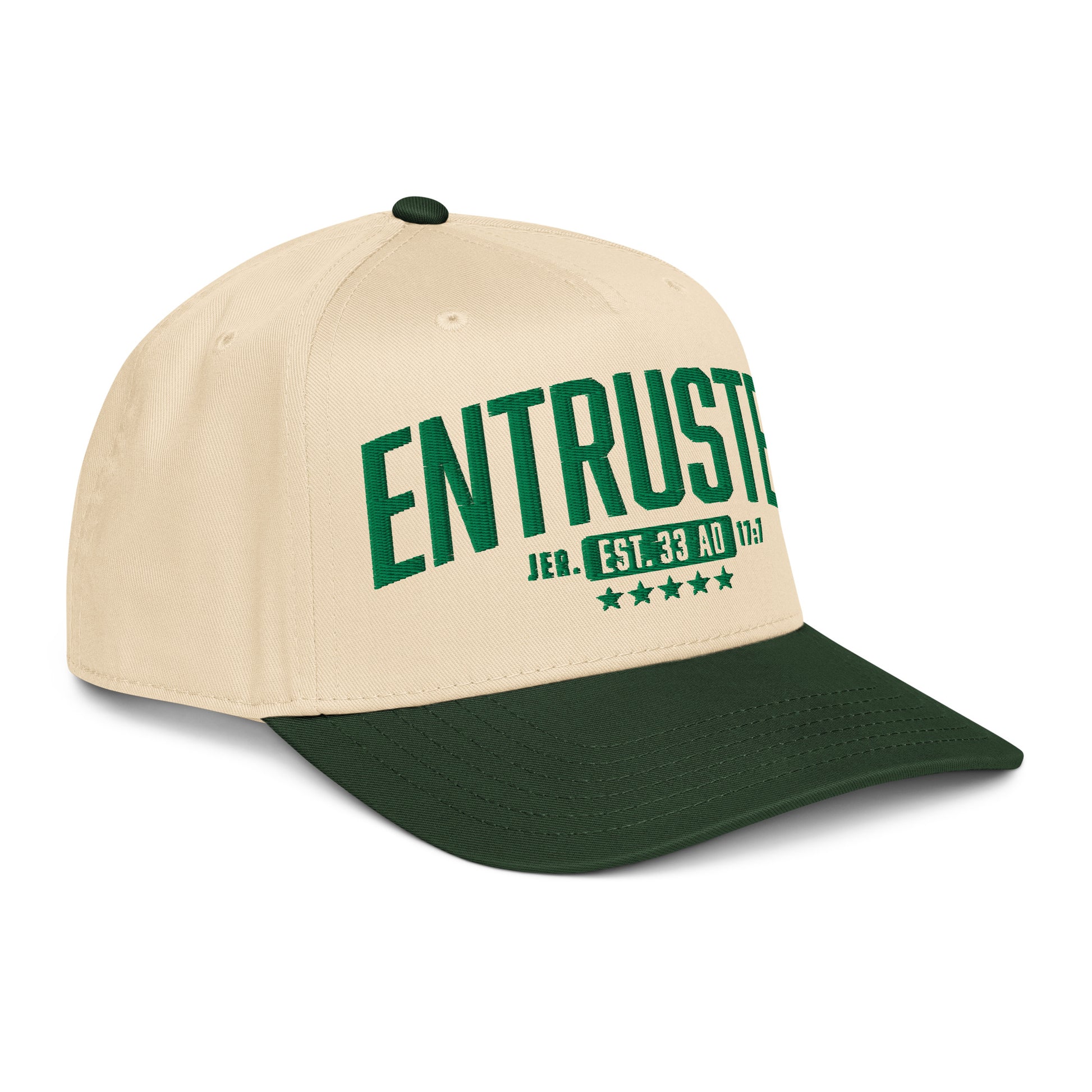 Entrusted 33AD Christian hat dark green natural right front view — Entrusted to Him