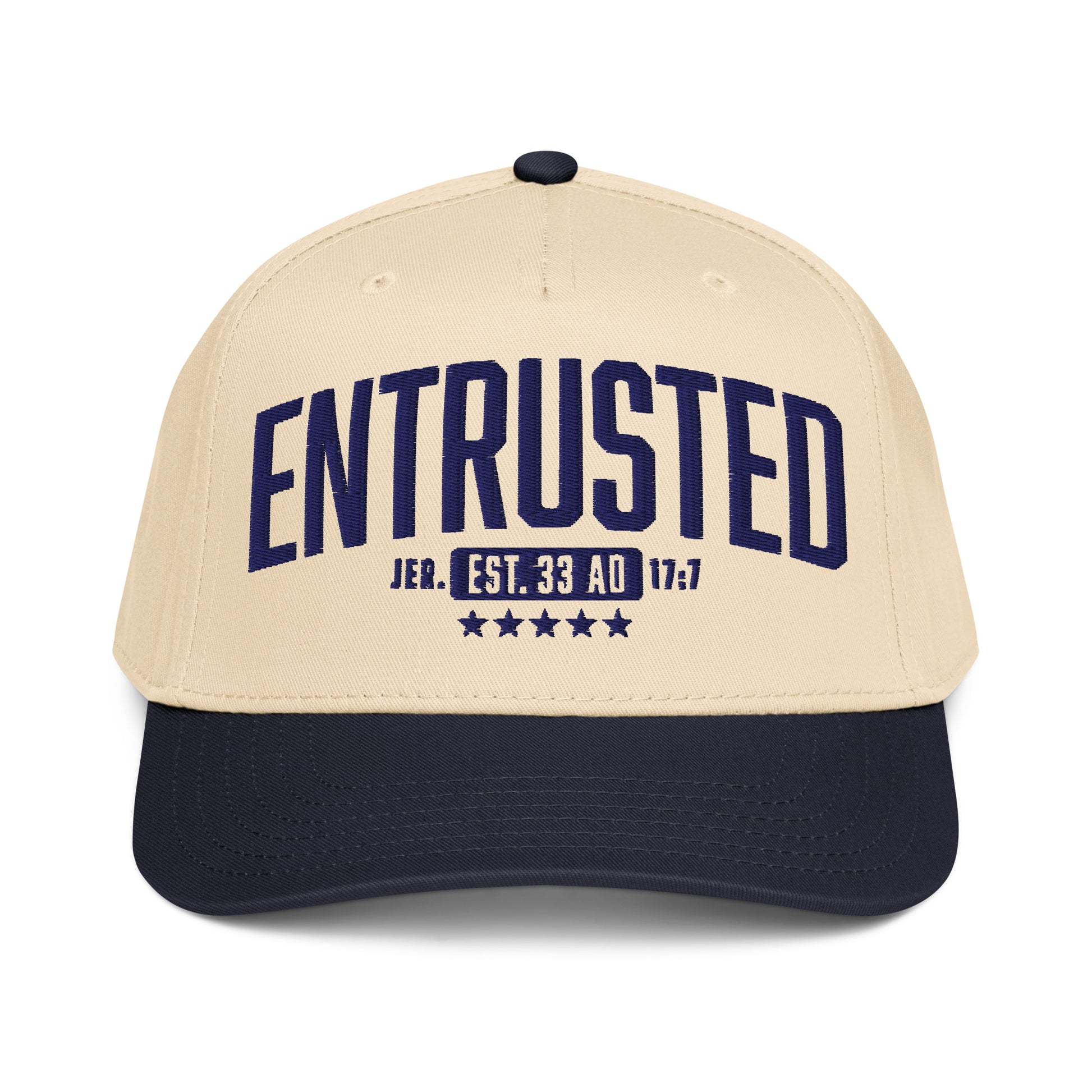 Entrusted 33AD Christian cap navy natural front view — Entrusted to Him