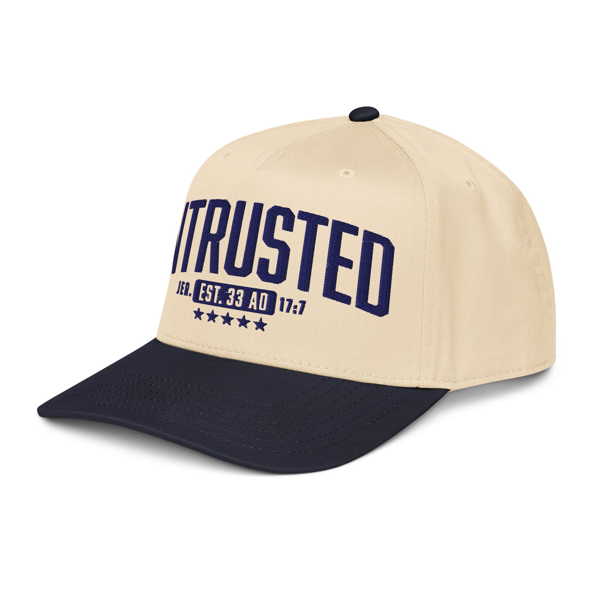 Entrusted 33AD christian hat for men navy natural left front view — Entrusted to Him