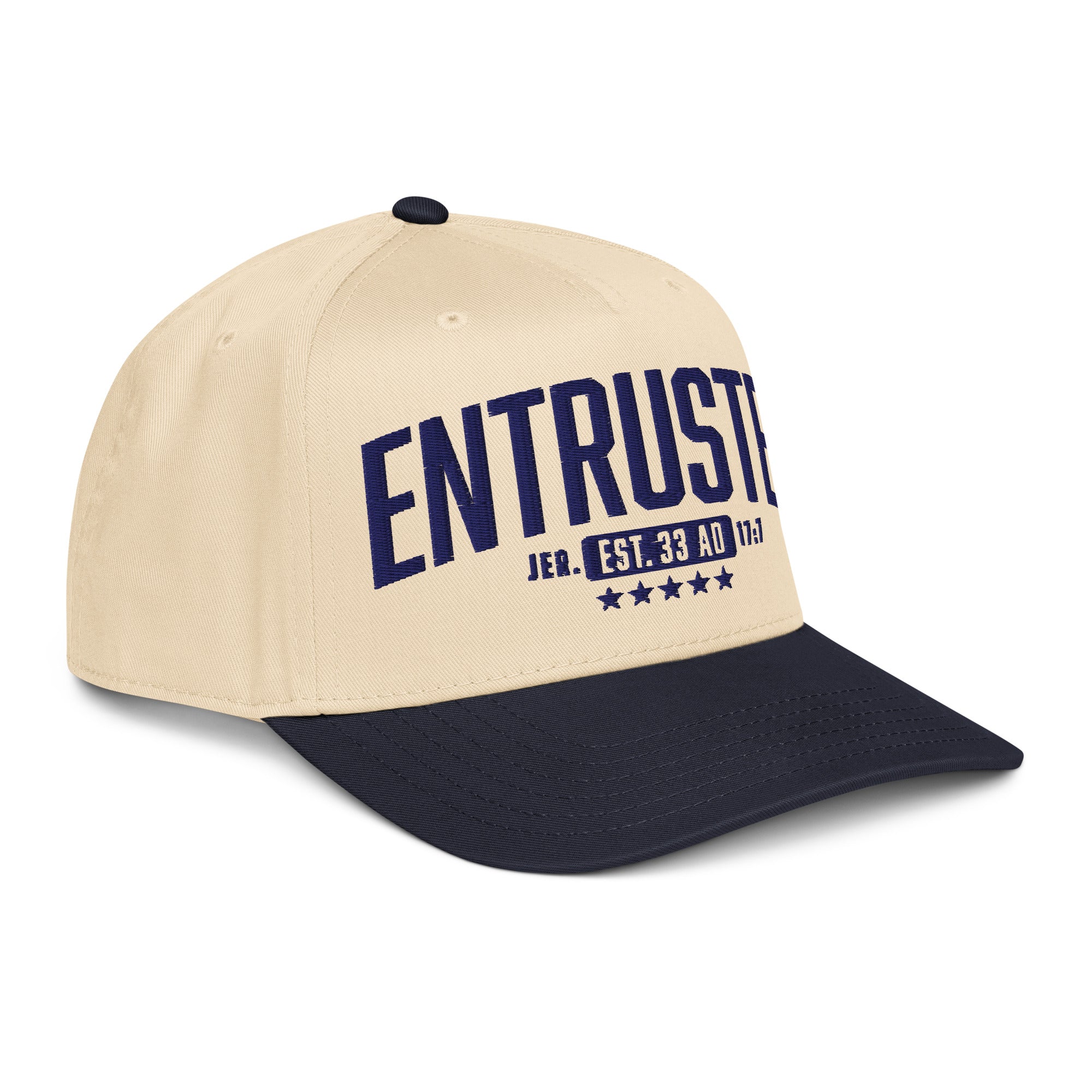 Image of Entrusted 33AD Christian hat navy natural right front view — Entrusted to Him