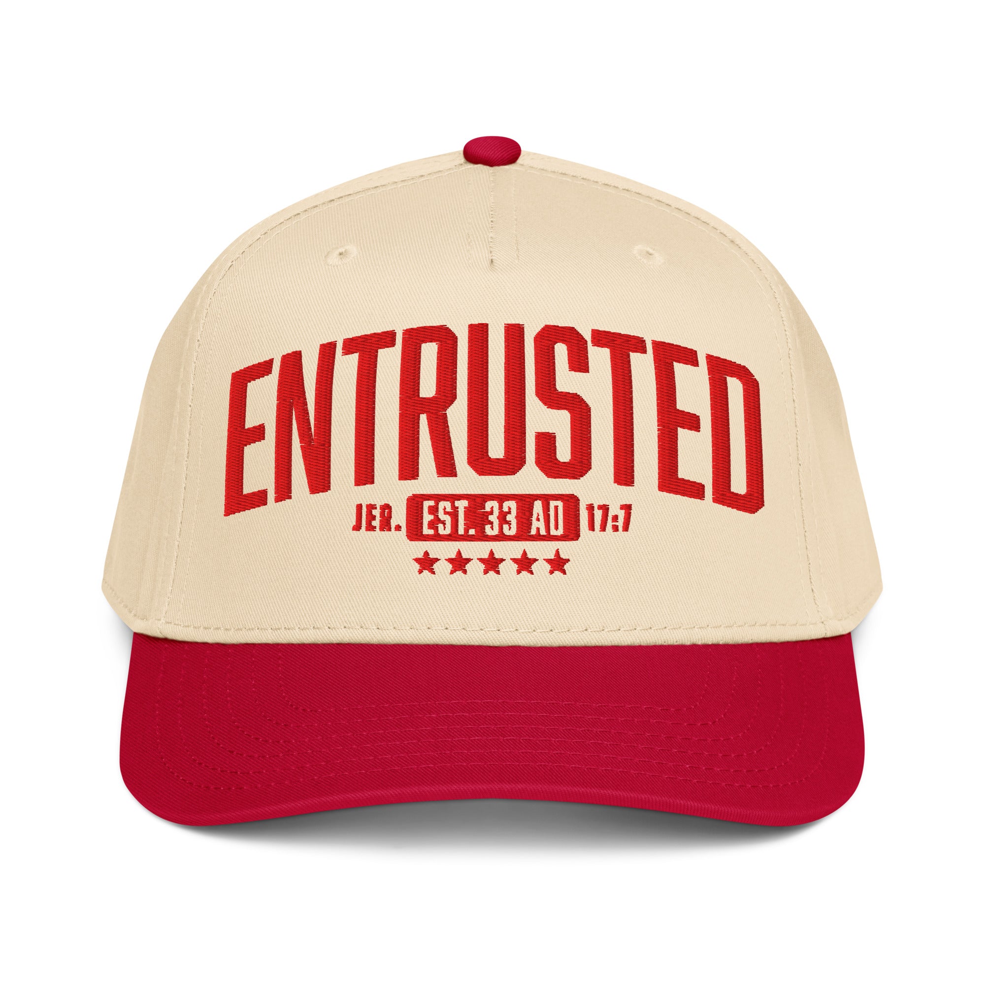 Image of Entrusted 33AD Christian cap red natural front view — Entrusted to Him