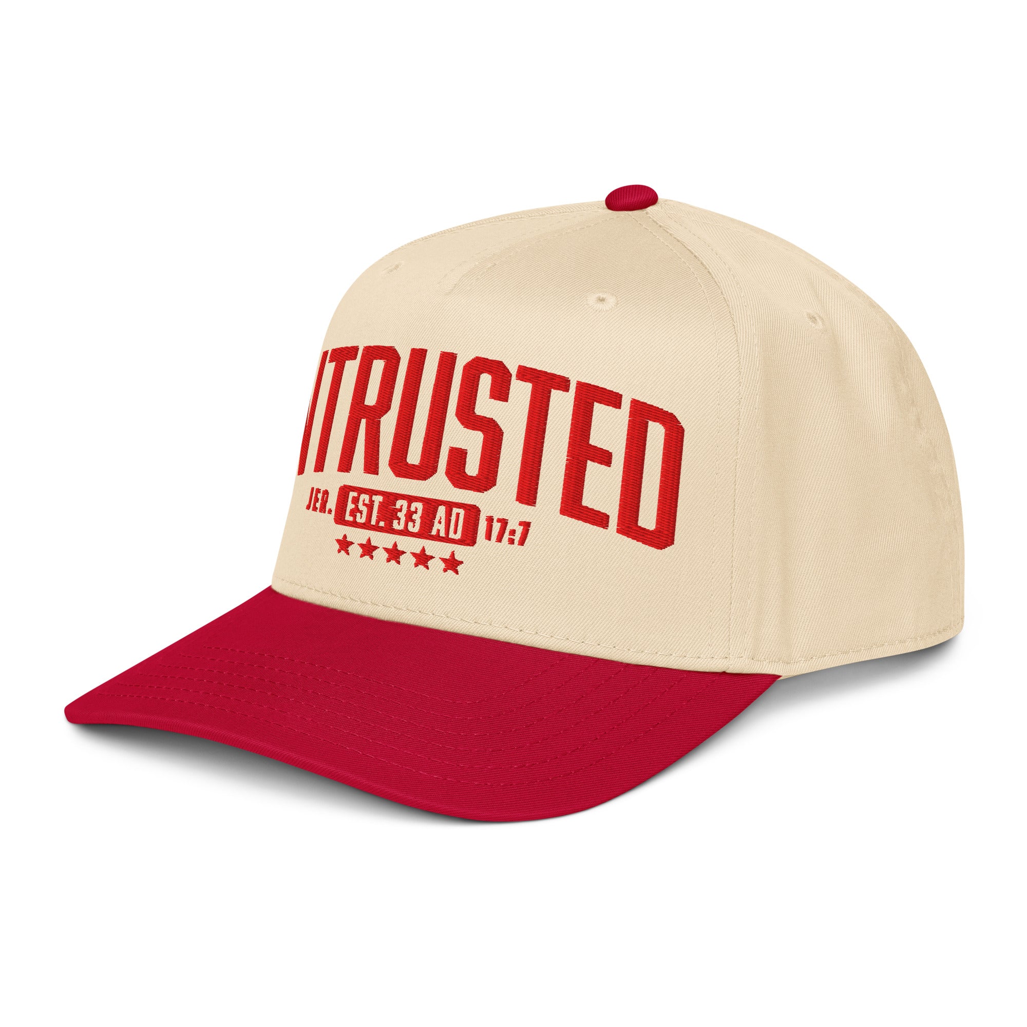 Image of Entrusted 33AD christian hat for men red natural left front view — Entrusted to Him