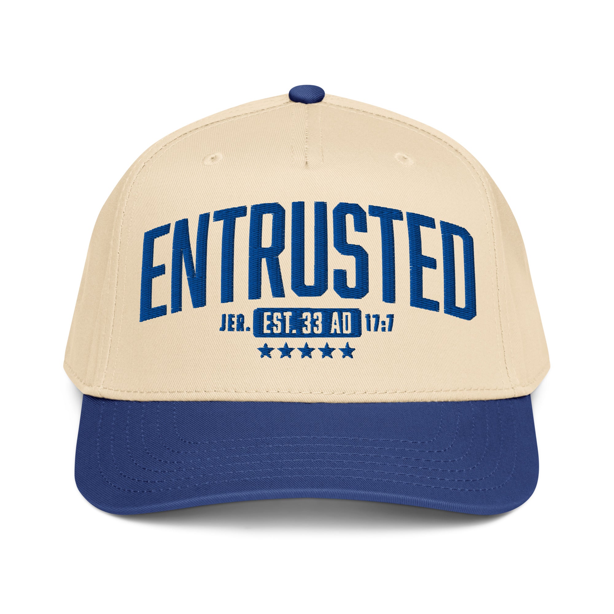 Image of Entrusted 33AD Christian cap royal natural front view — Entrusted to Him