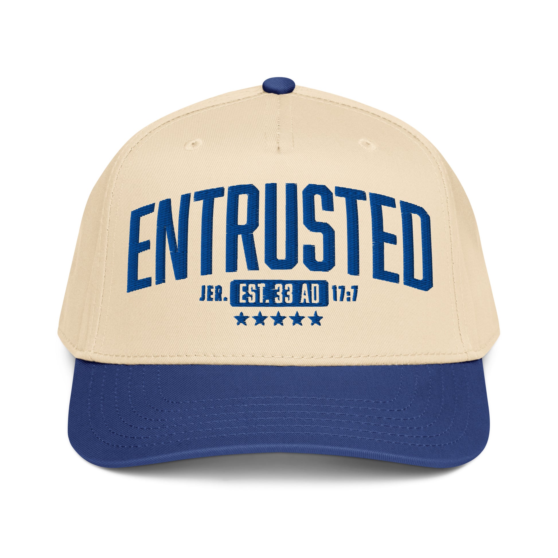 Entrusted 33AD Christian cap royal natural front view — Entrusted to Him