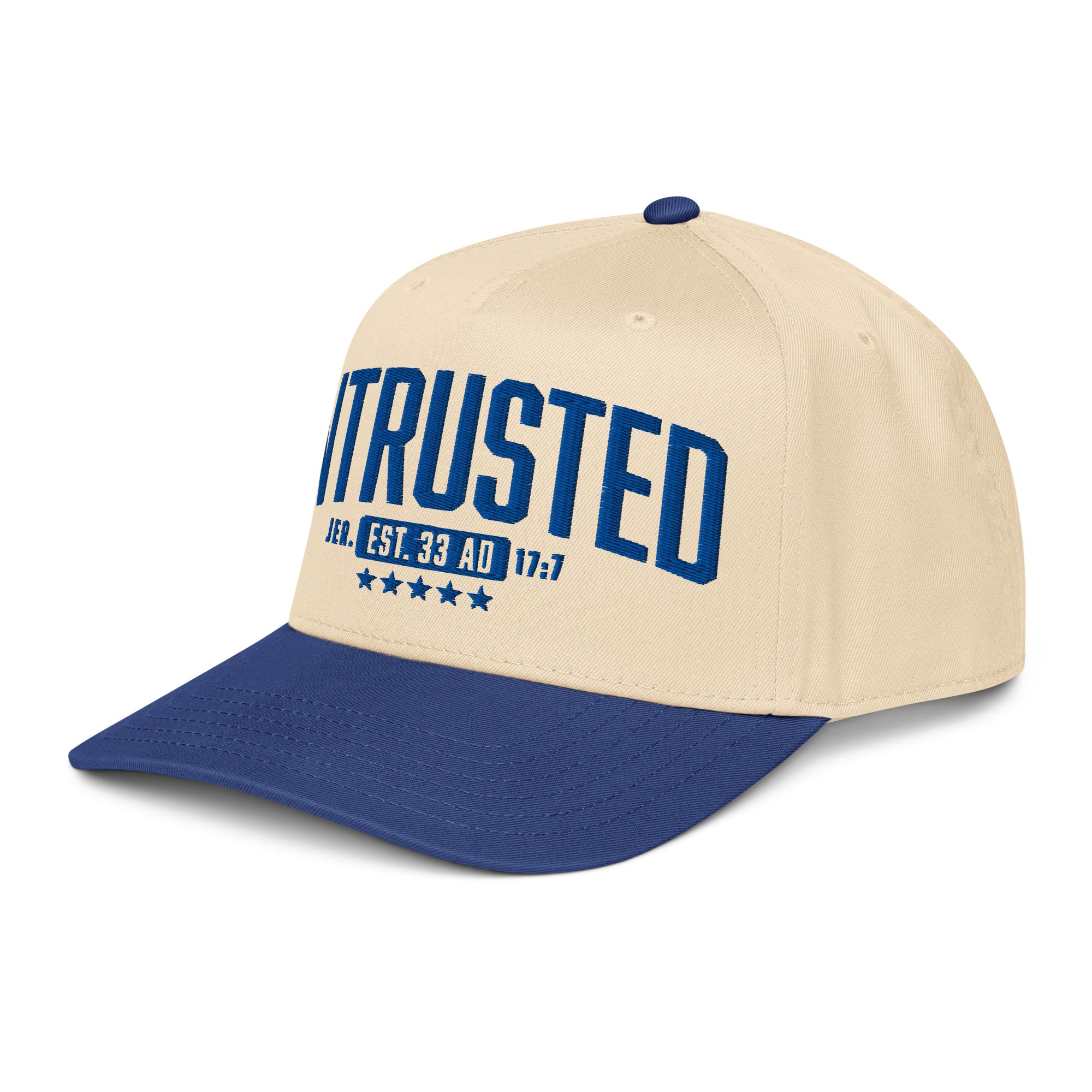 Image of Entrusted 33AD christian hat for men royal natural left front view — Entrusted to Him