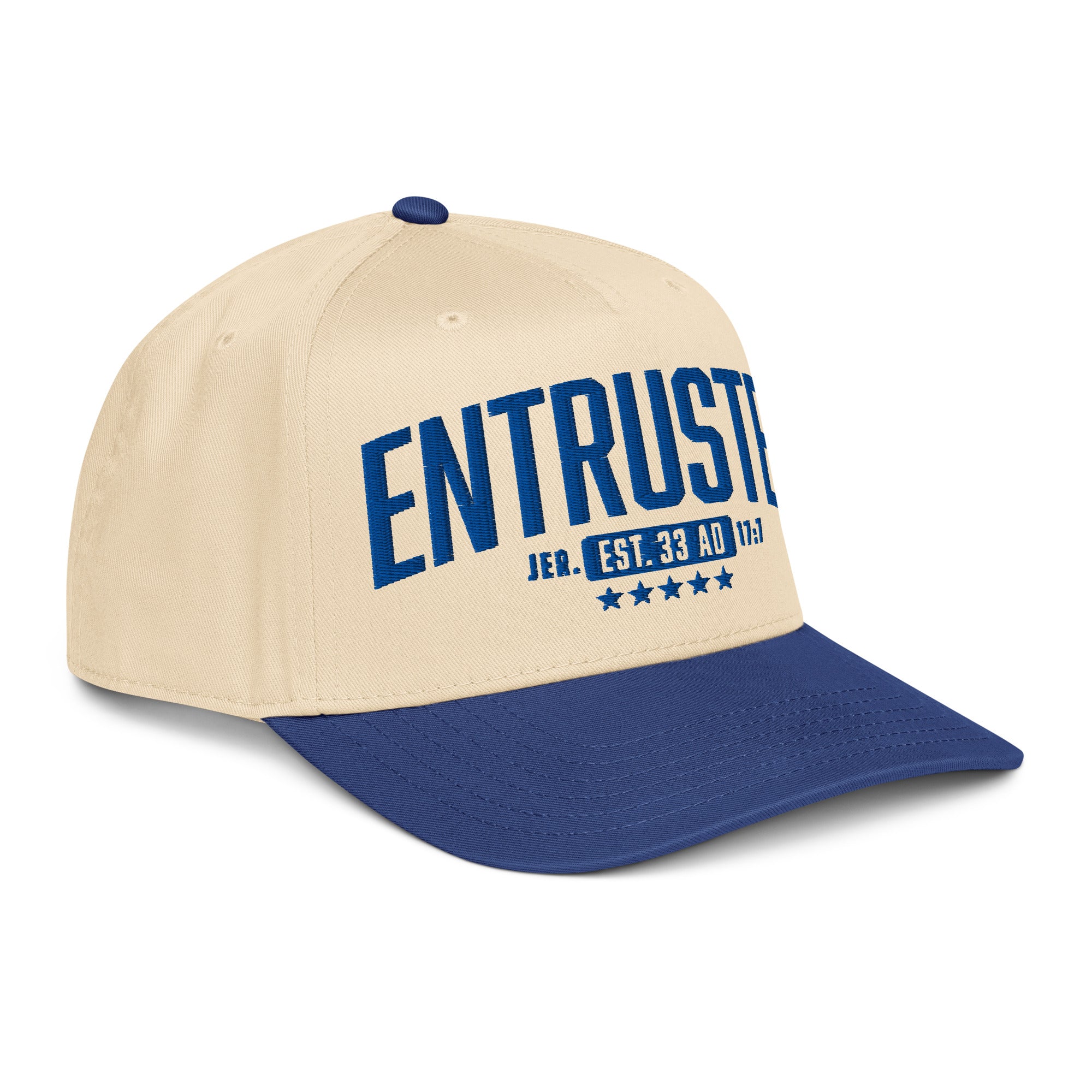 Image of Entrusted 33AD Christian hat royal natural right front view — Entrusted to Him