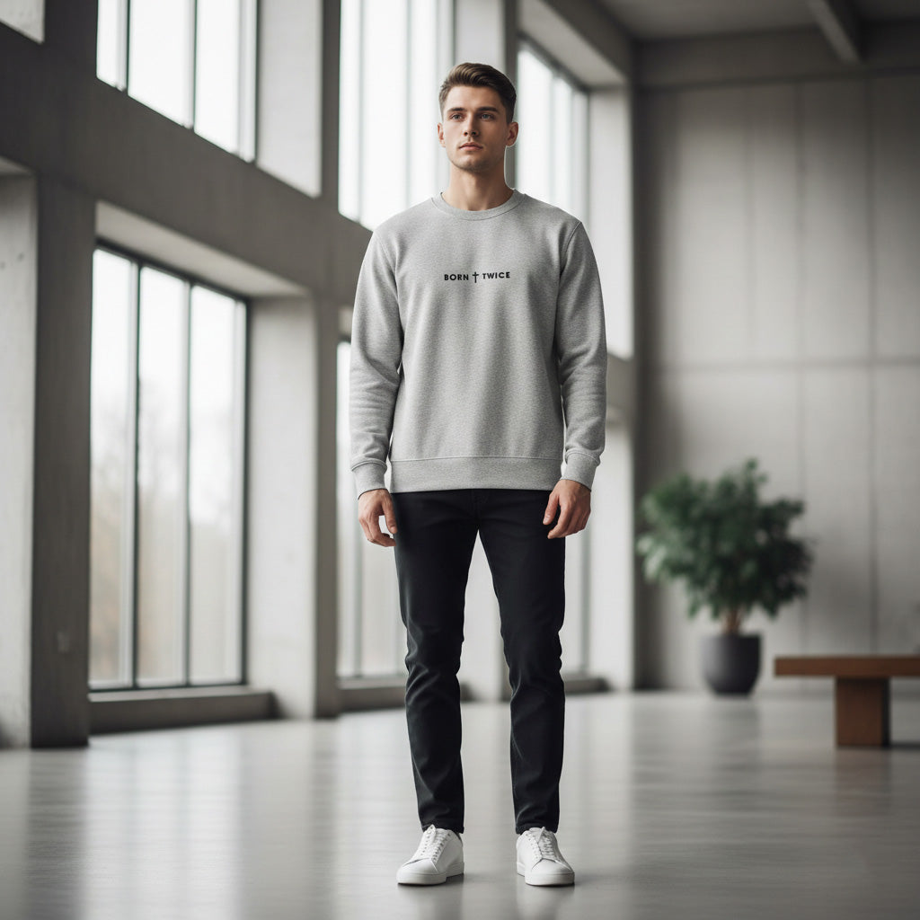 Image of Man wearing a gray sweatshirt with text in a modern indoor setting