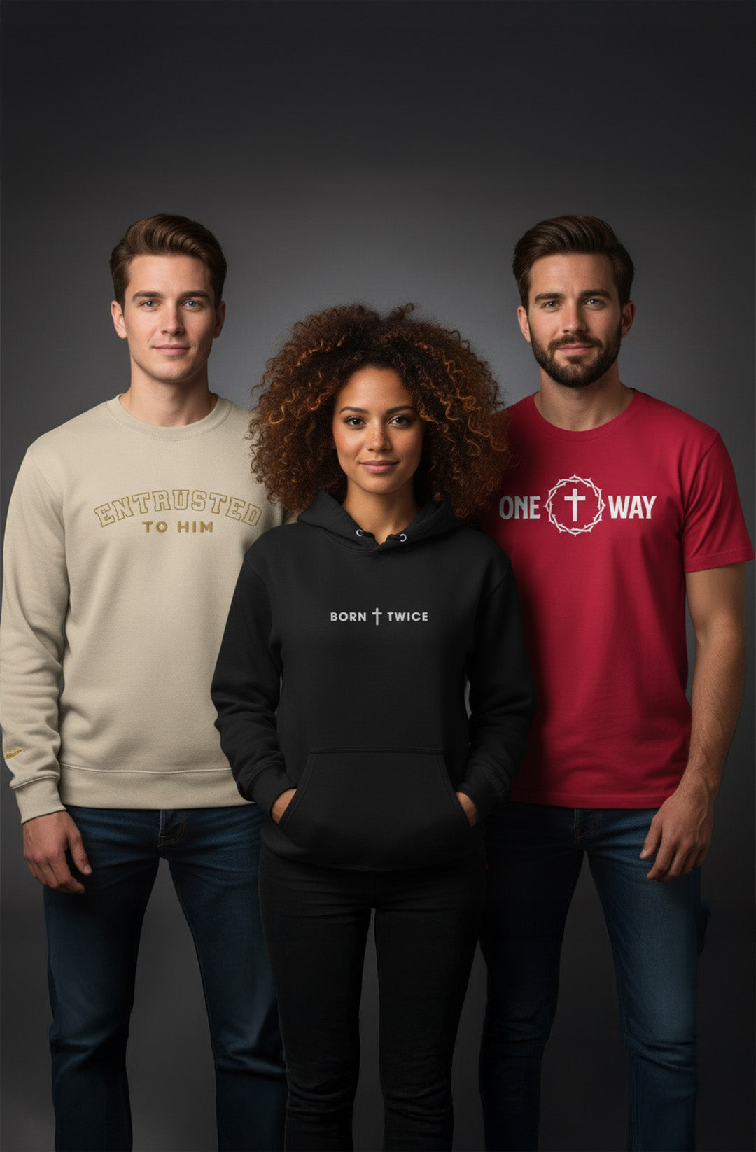 Image of Three people wearing branded clothing against a dark background