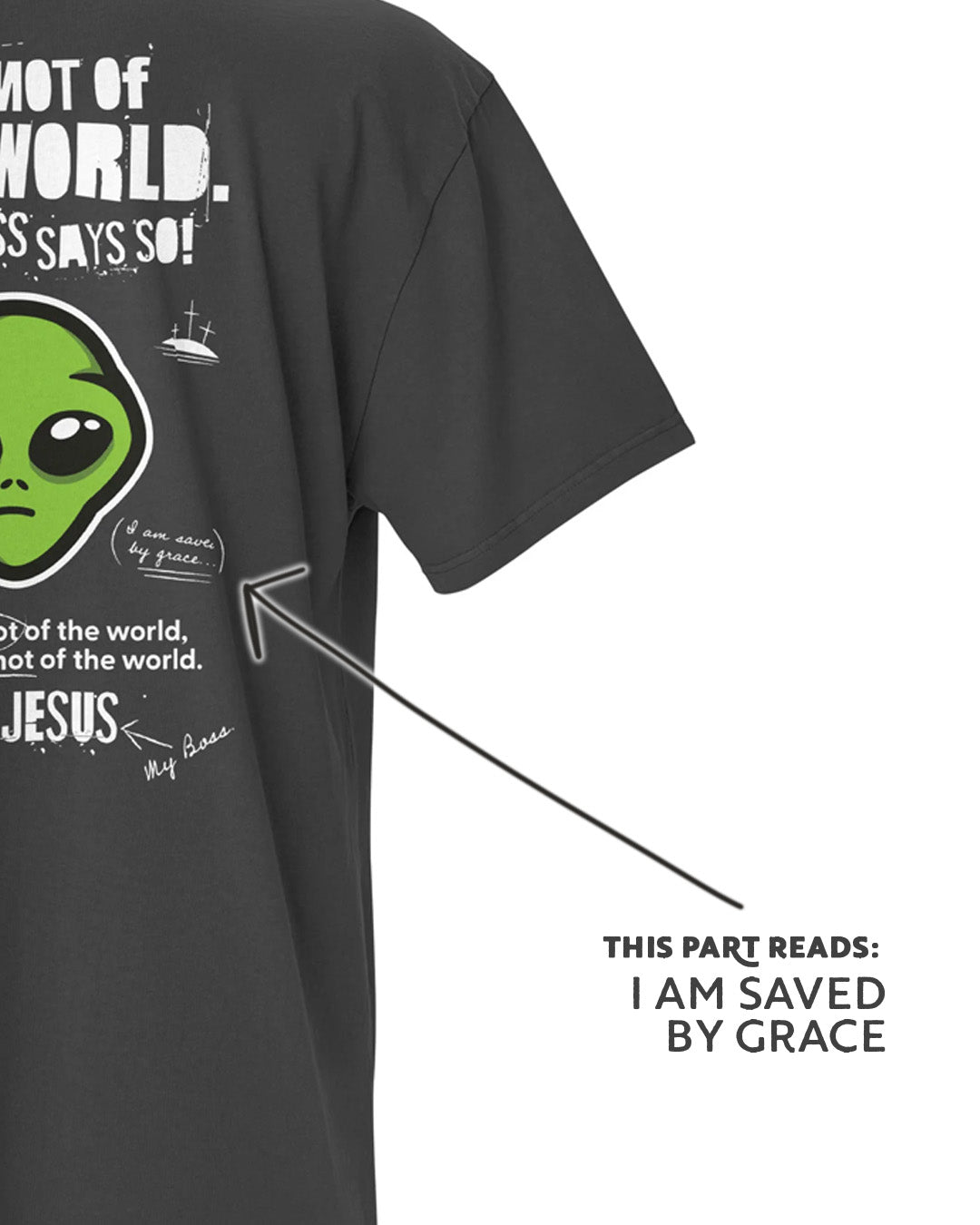Image of Not From This World Jesus shirt graphite lifestyle back view — Entrusted to Him
