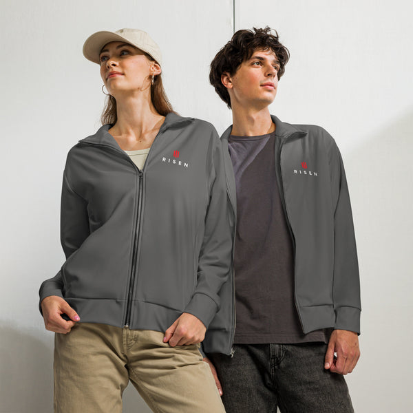 Risen Track Jacket Christian apparel white front view — Entrusted to Him