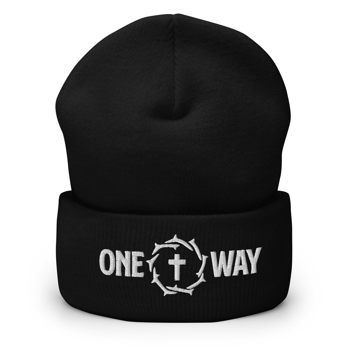One Way embroidered cuffed beanie in black with the design on the cuff, front view