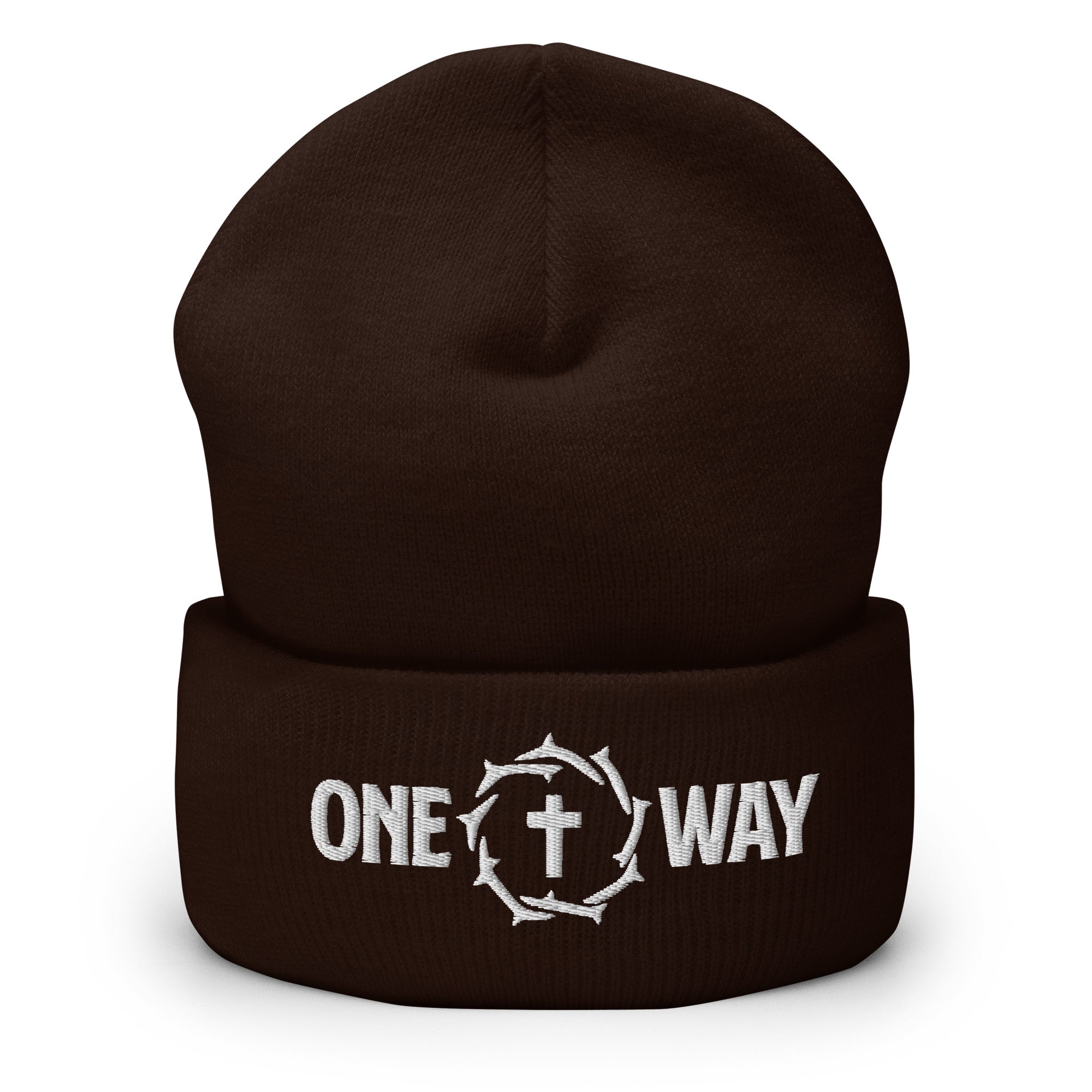 Image of One Way embroidered cuffed beanie in brown with the design on the cuff, front view