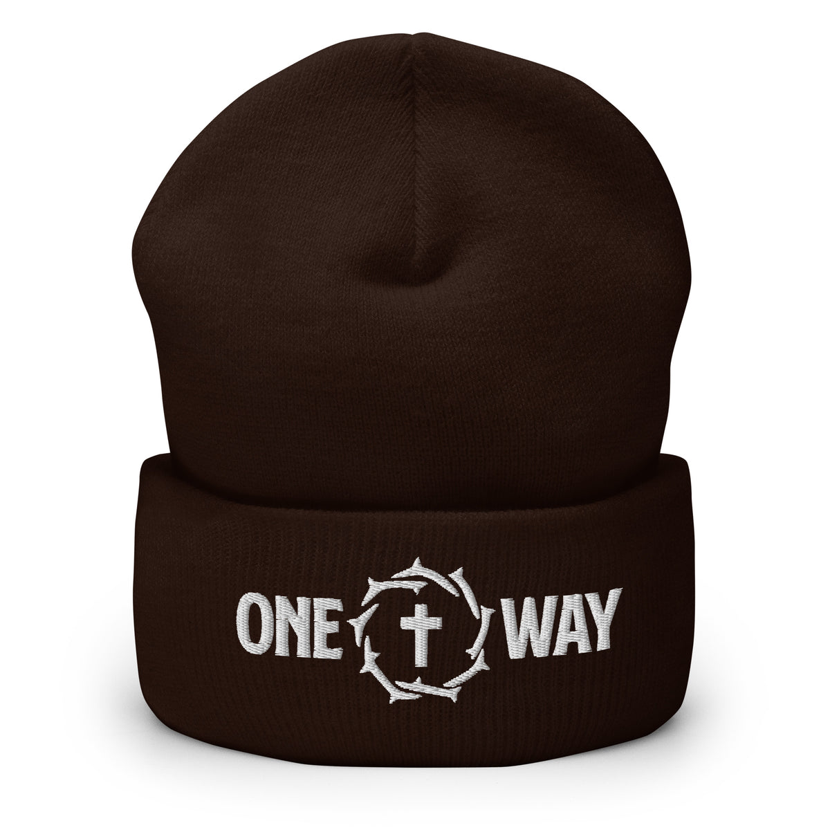 One Way embroidered cuffed beanie in brown with the design on the cuff, front view