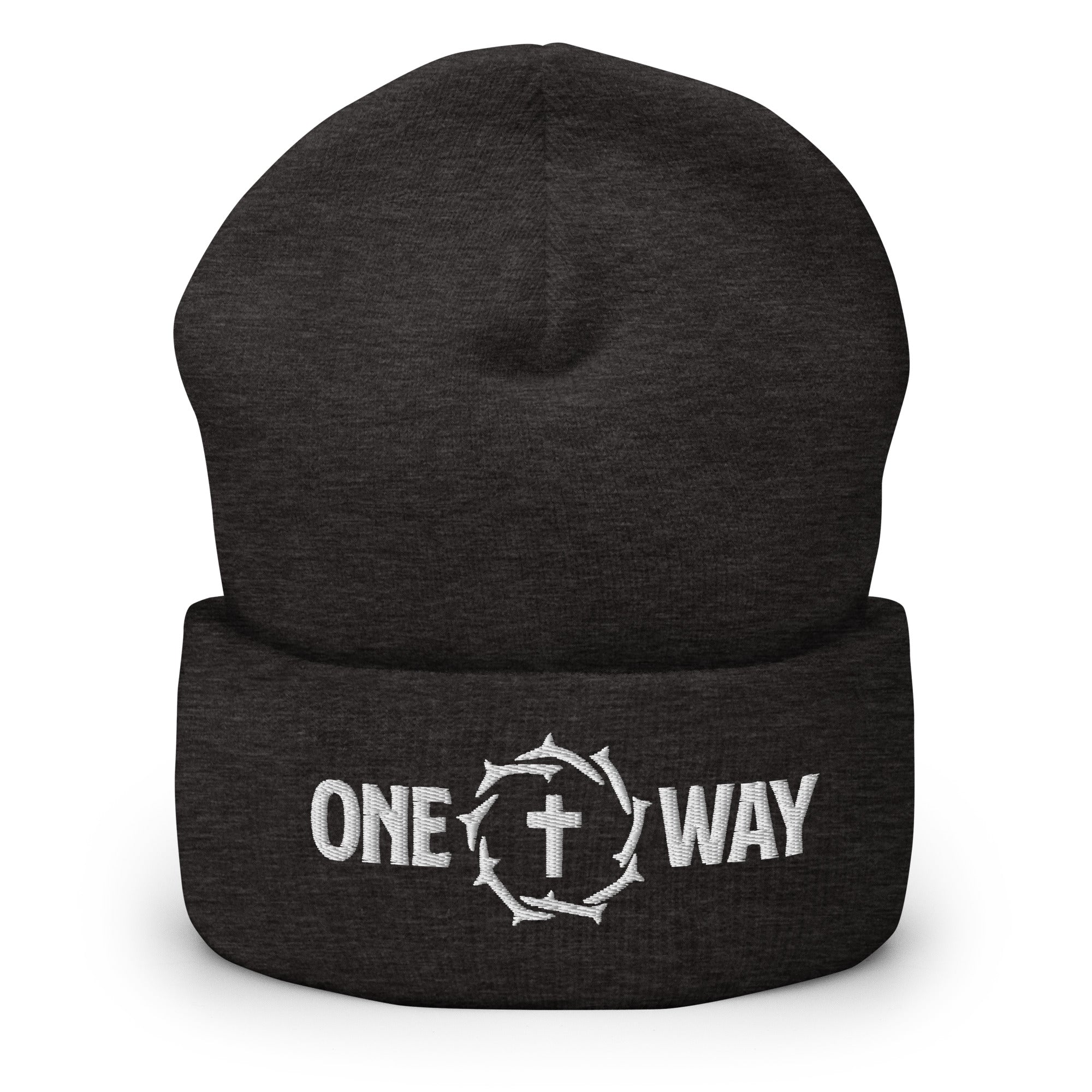 Image of One Way embroidered cuffed beanie in dark grey with the design on the cuff, front view