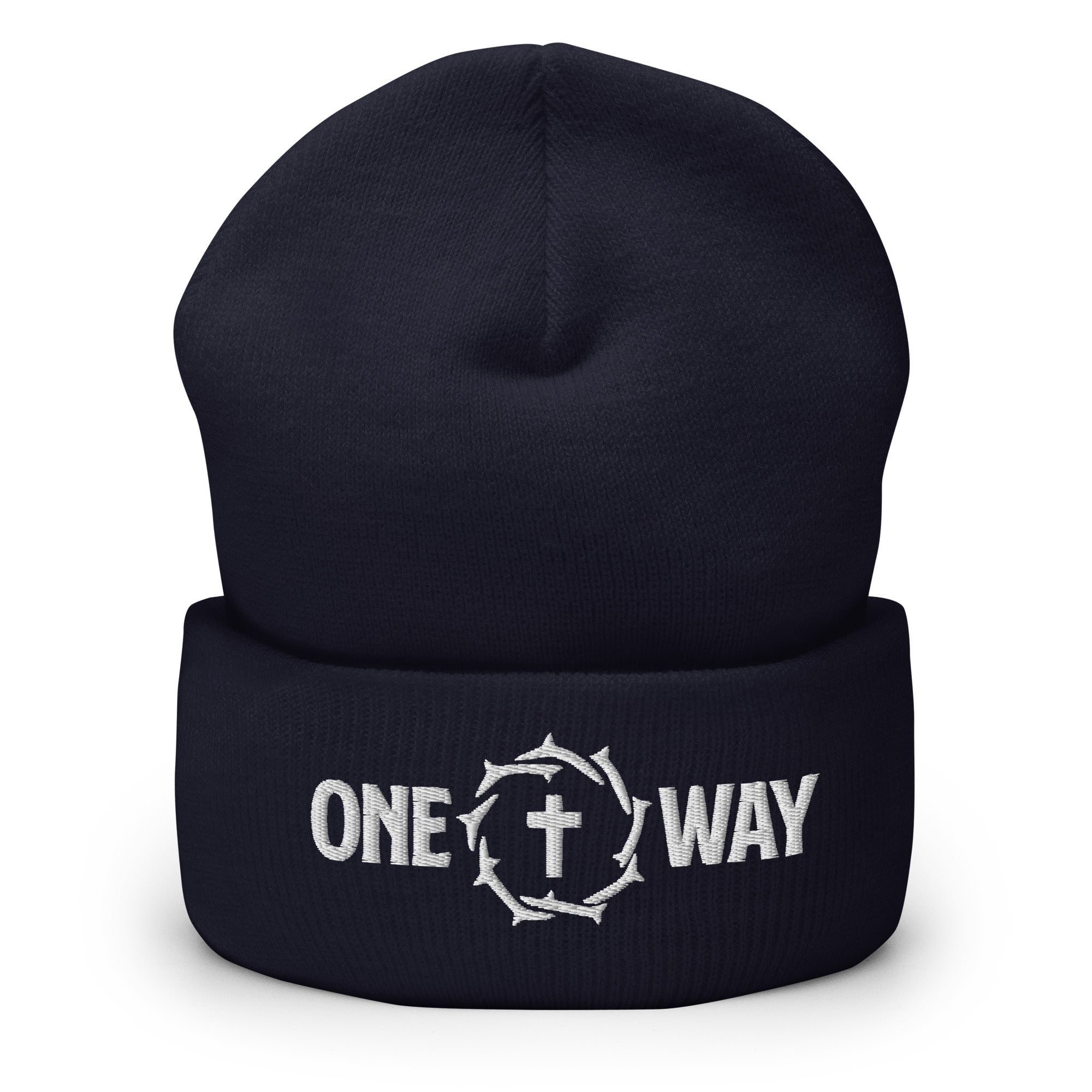Image of One Way embroidered cuffed beanie in navy with the design on the cuff, front view