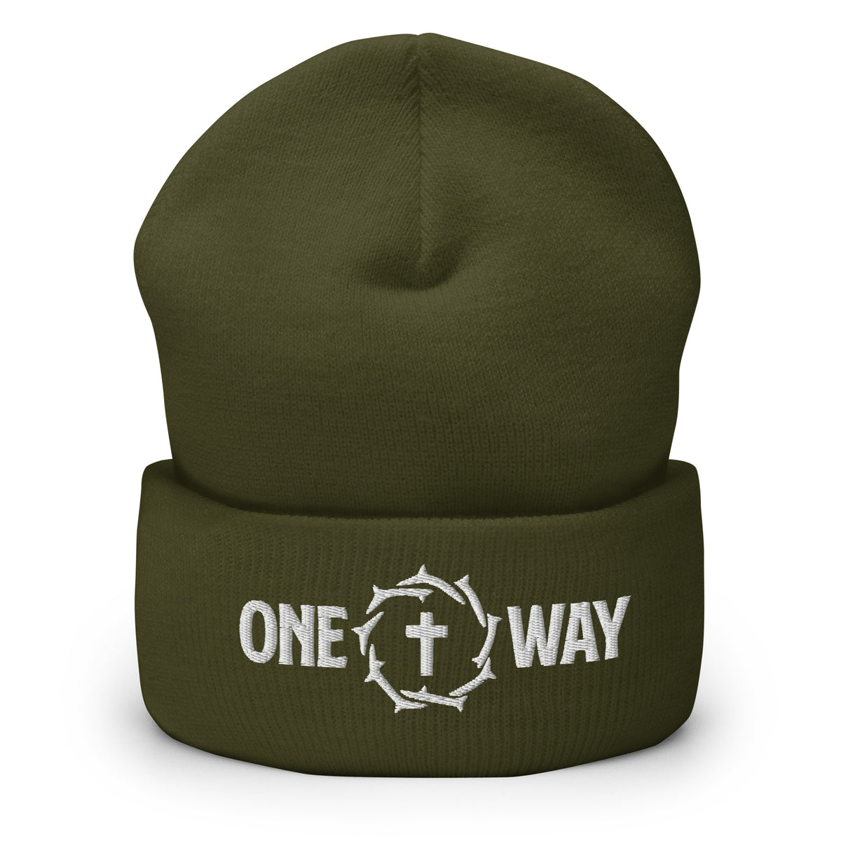 One Way embroidered cuffed beanie in olive with the design on the cuff, front view