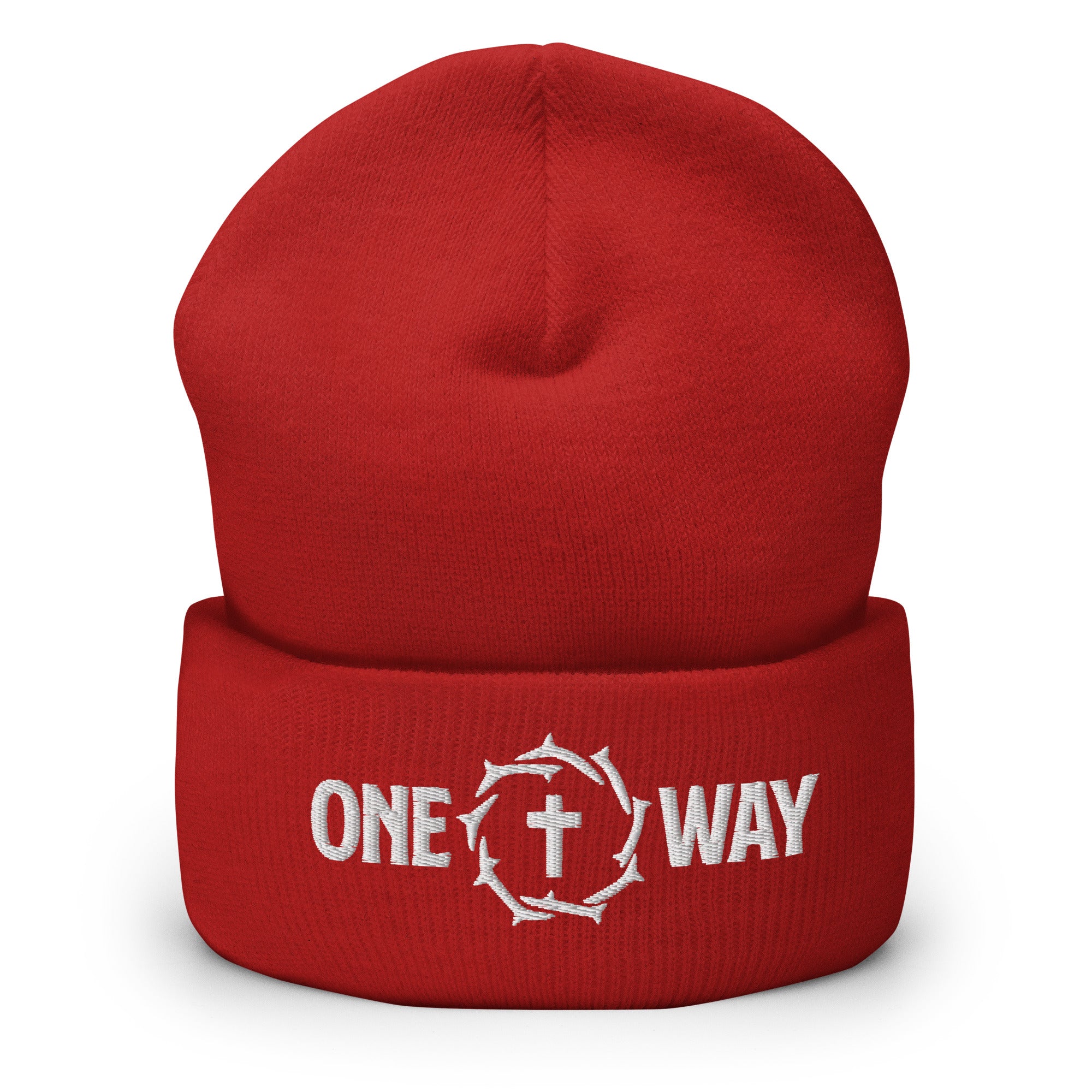 Image of One Way embroidered cuffed beanie in red with the design on the cuff, front view