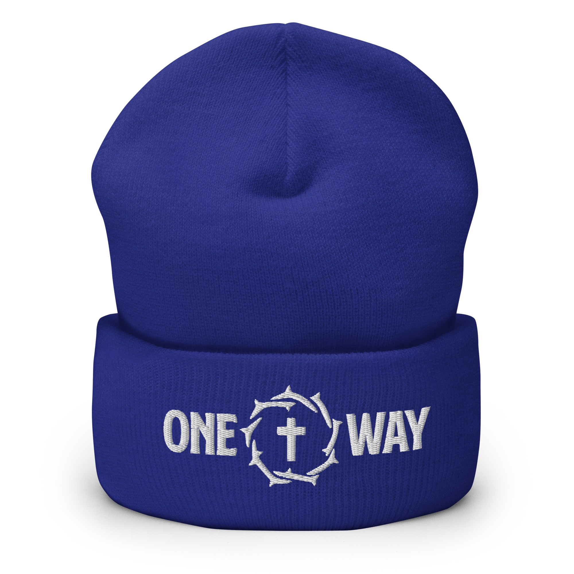 Image of One Way embroidered cuffed beanie in royal blue with the design on the cuff, front view