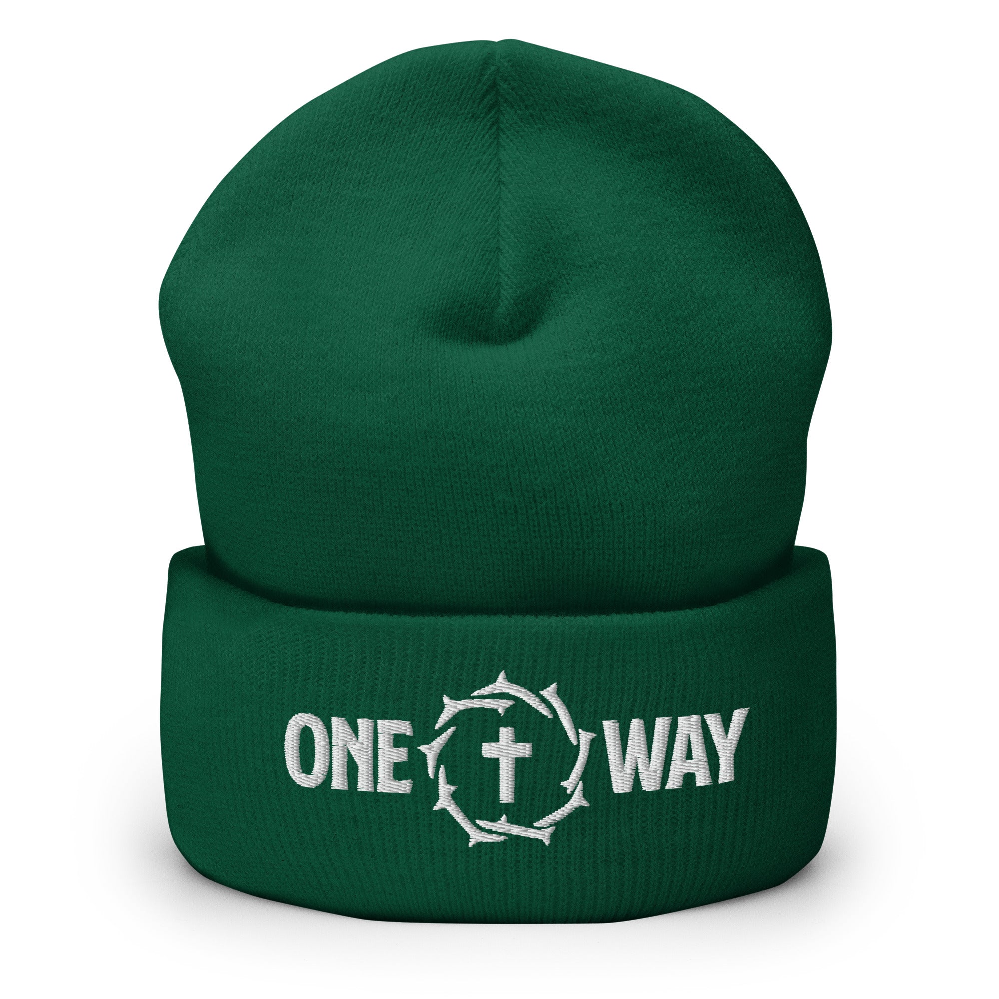 Image of One Way embroidered cuffed beanie in spruce green with the design on the cuff, front view