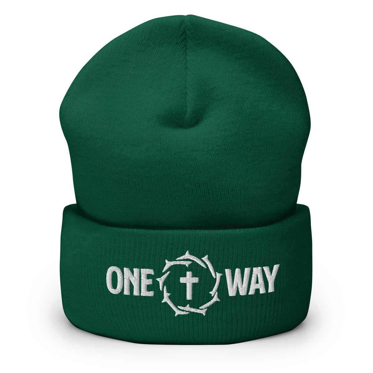 One Way embroidered cuffed beanie in spruce green with the design on the cuff, front view