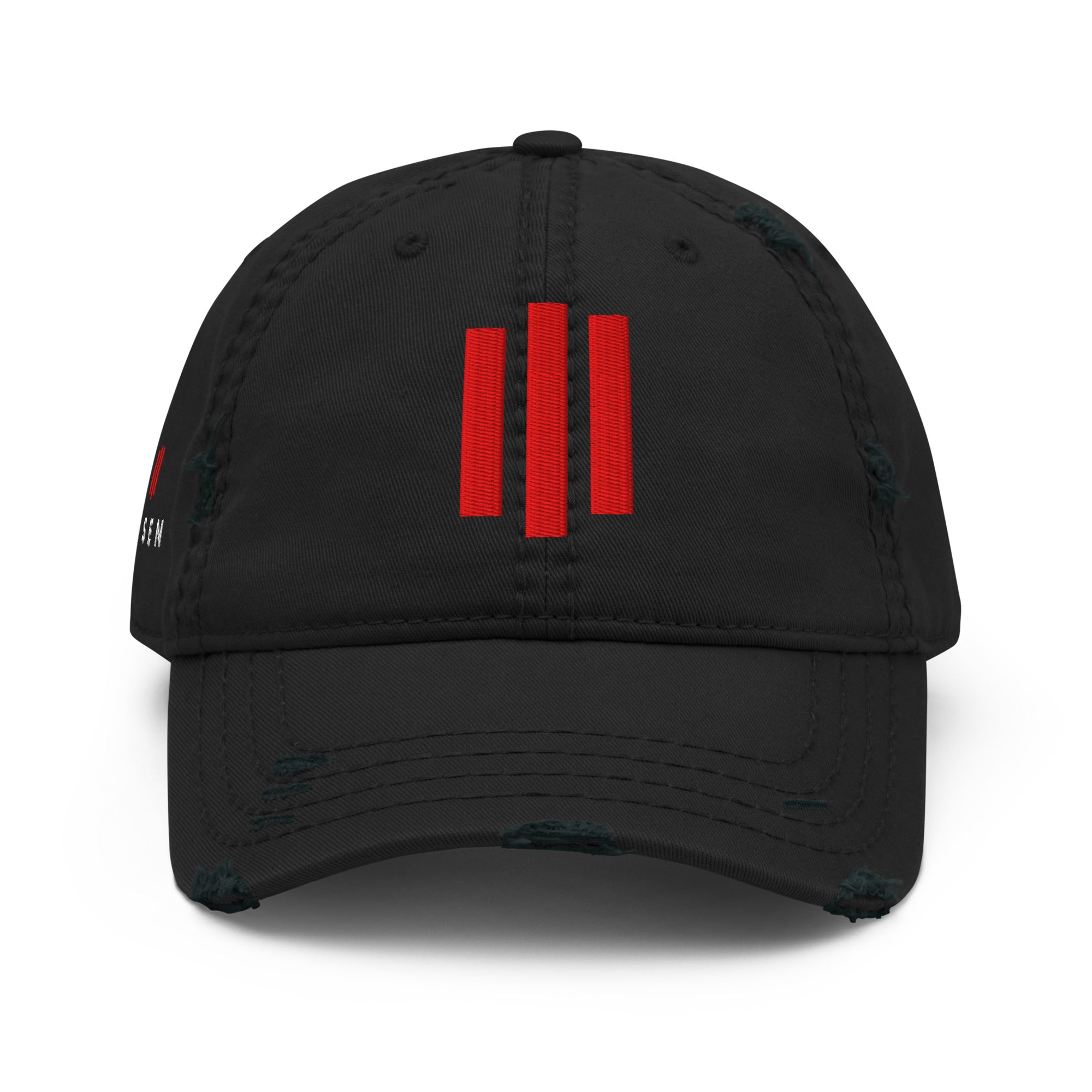 Image of Risen Distressed Christian cap black front detail view — Entrusted to Him