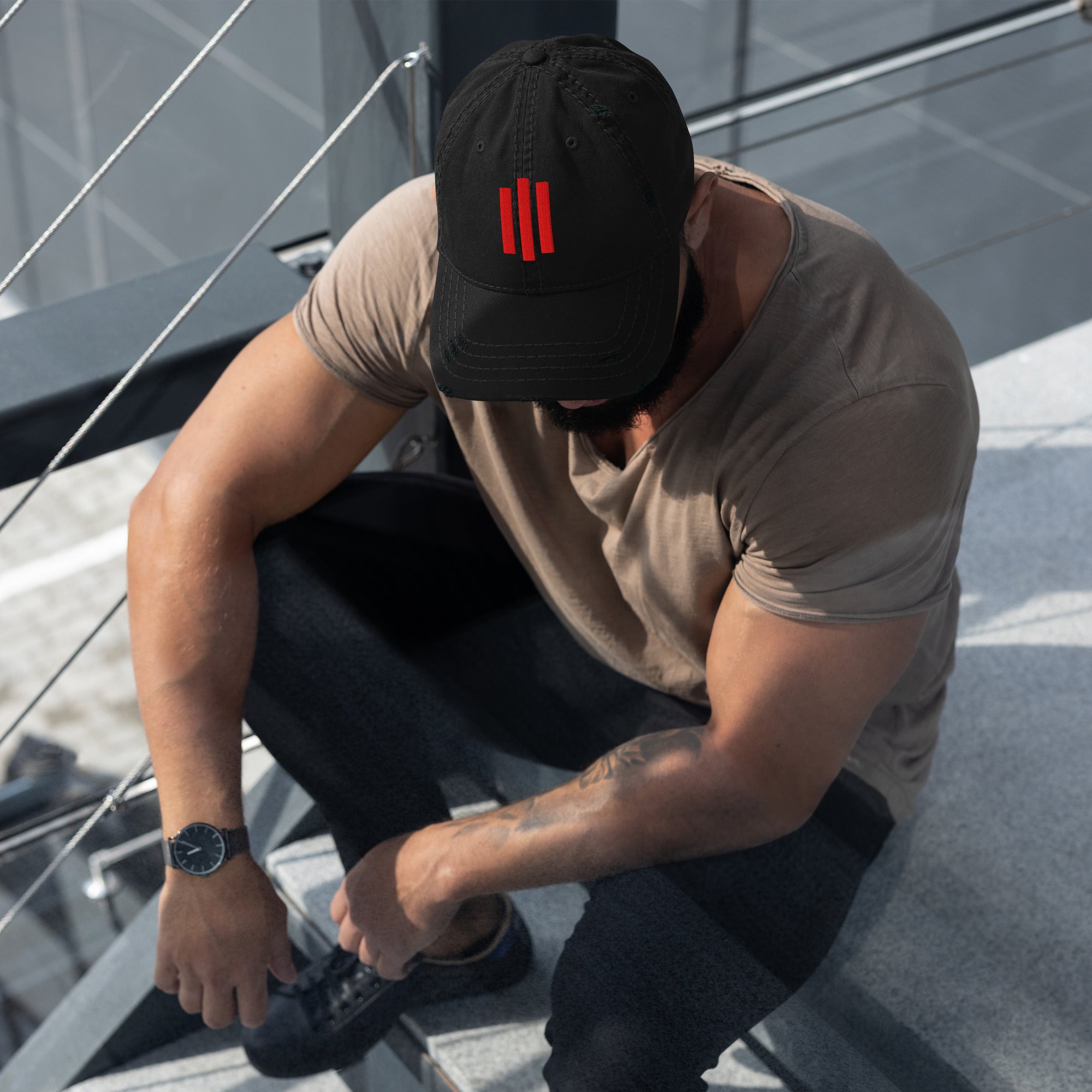 Image of Risen Distressed Christian hat black front view — Entrusted to Him