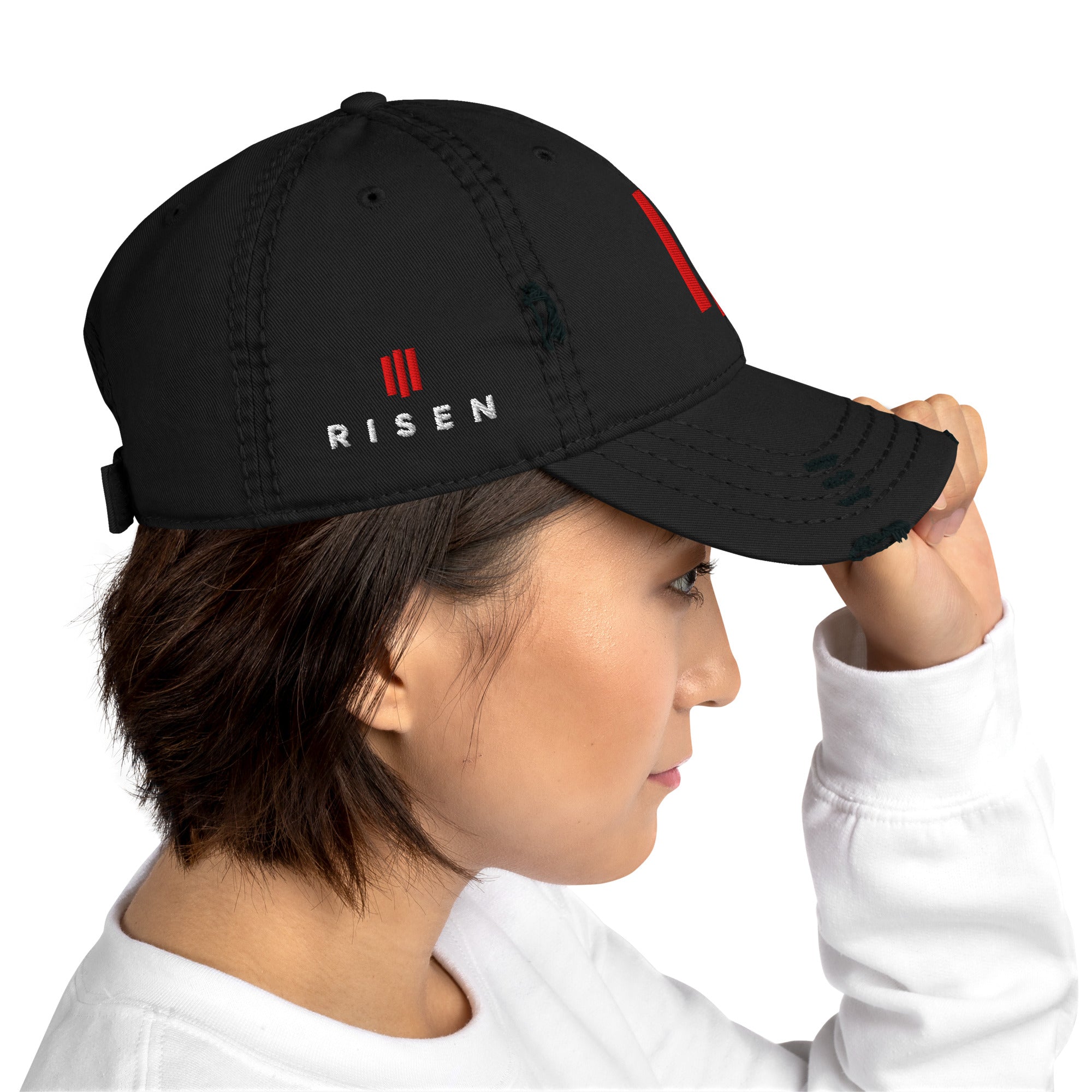 Image of Risen Distressed christian hat for women black right side alternate view — Entrusted to Him