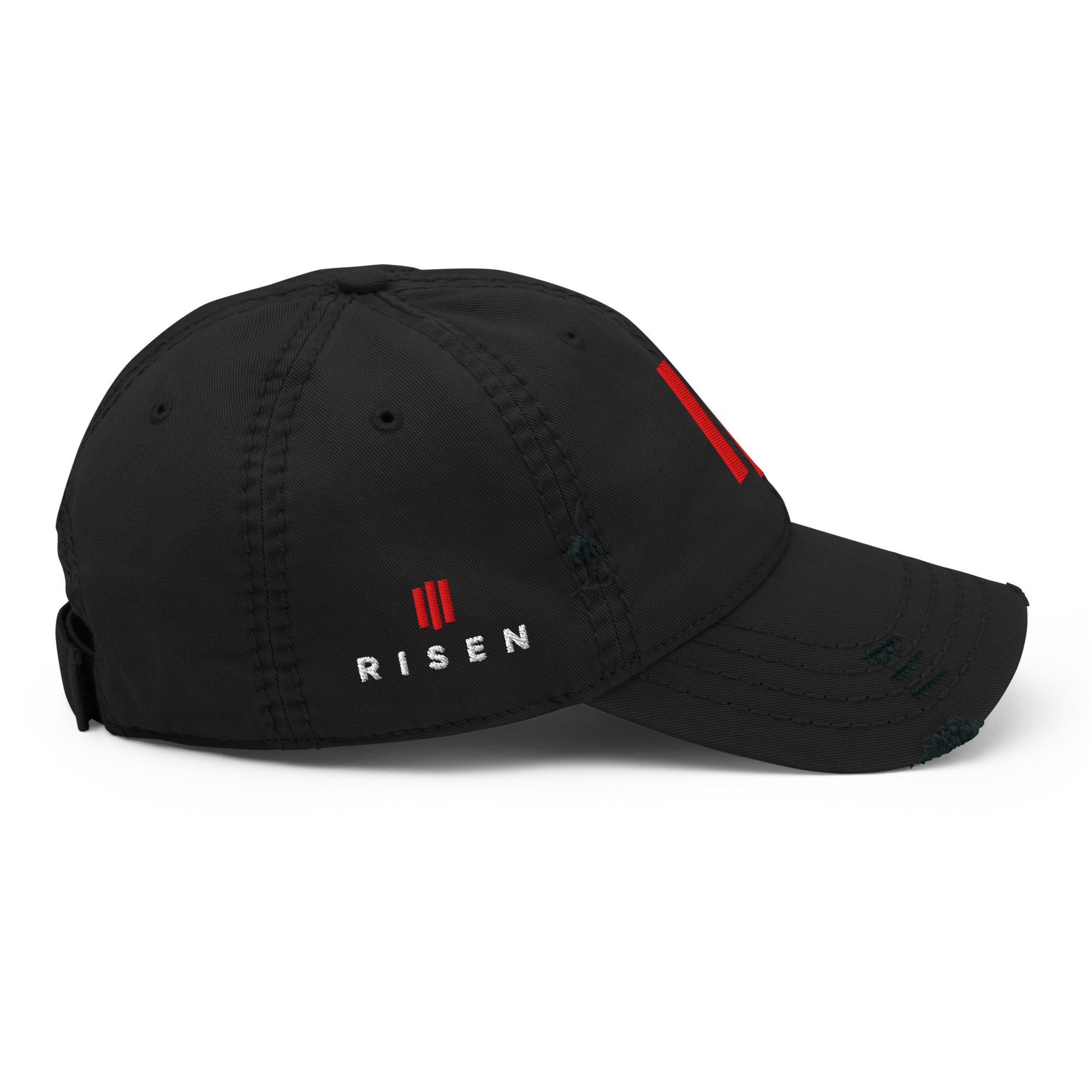Image of Risen Distressed Christian hat black right side close-up — Entrusted to Him