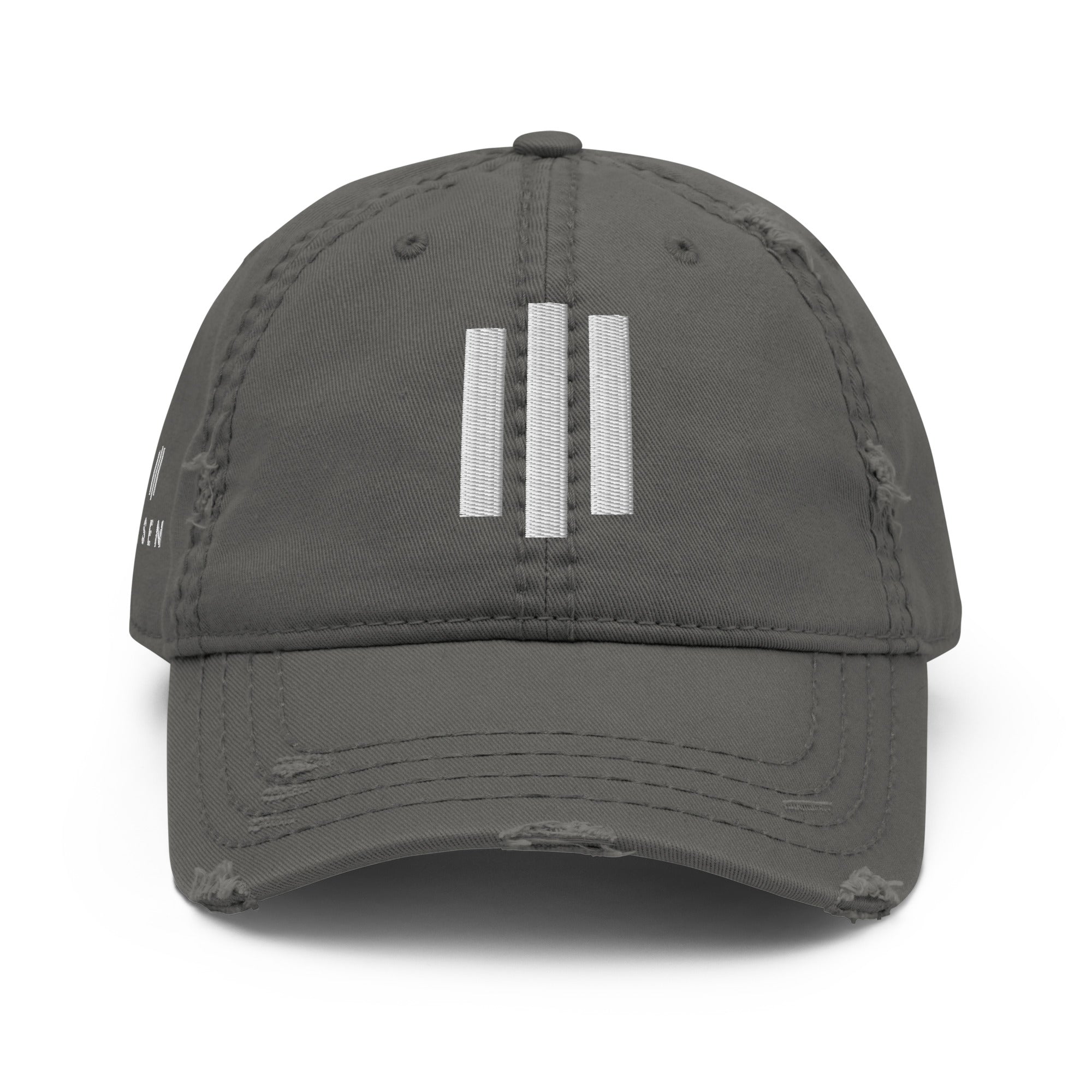 Image of Risen Distressed Christian cap charcoal grey front view — Entrusted to Him