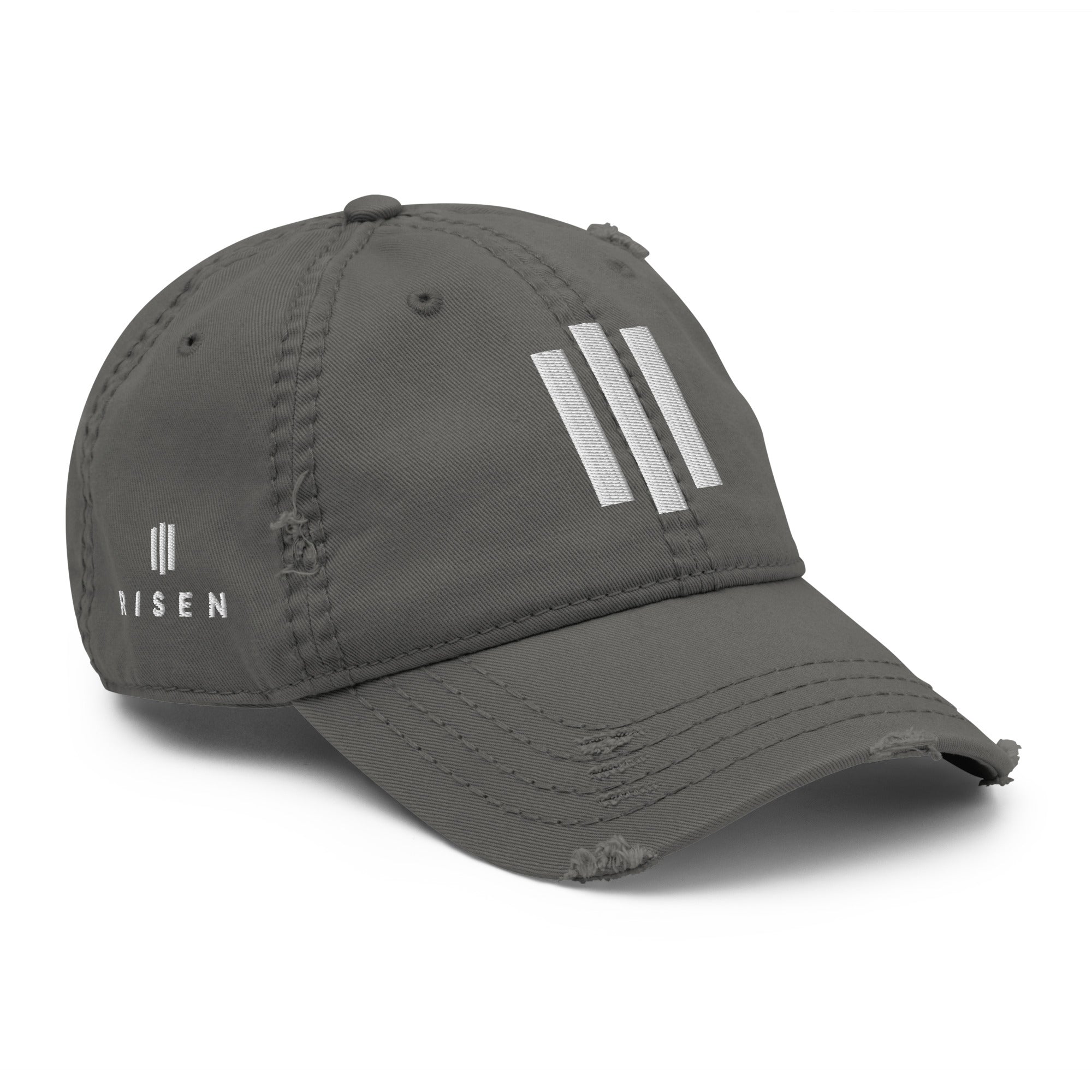 Image of Risen Distressed Christian hat charcoal grey right front view — Entrusted to Him