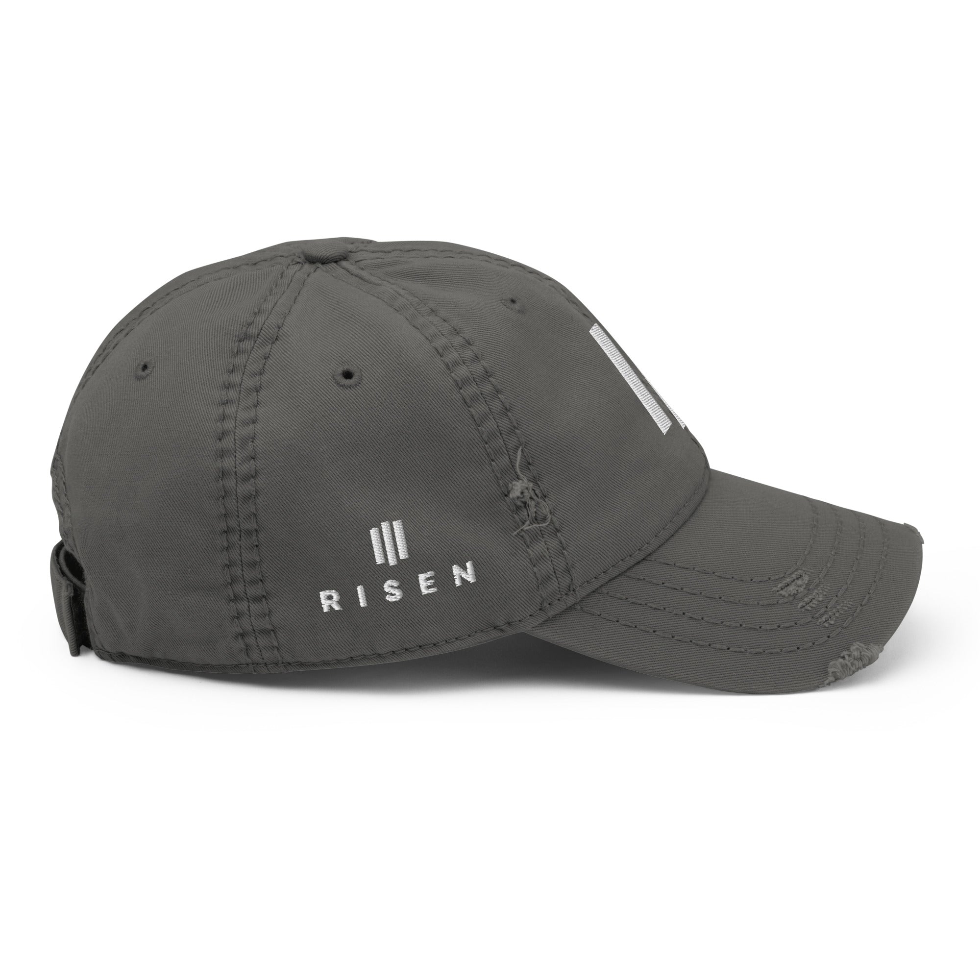 Image of Risen Distressed christian hat for women charcoal grey right side view — Entrusted to Him