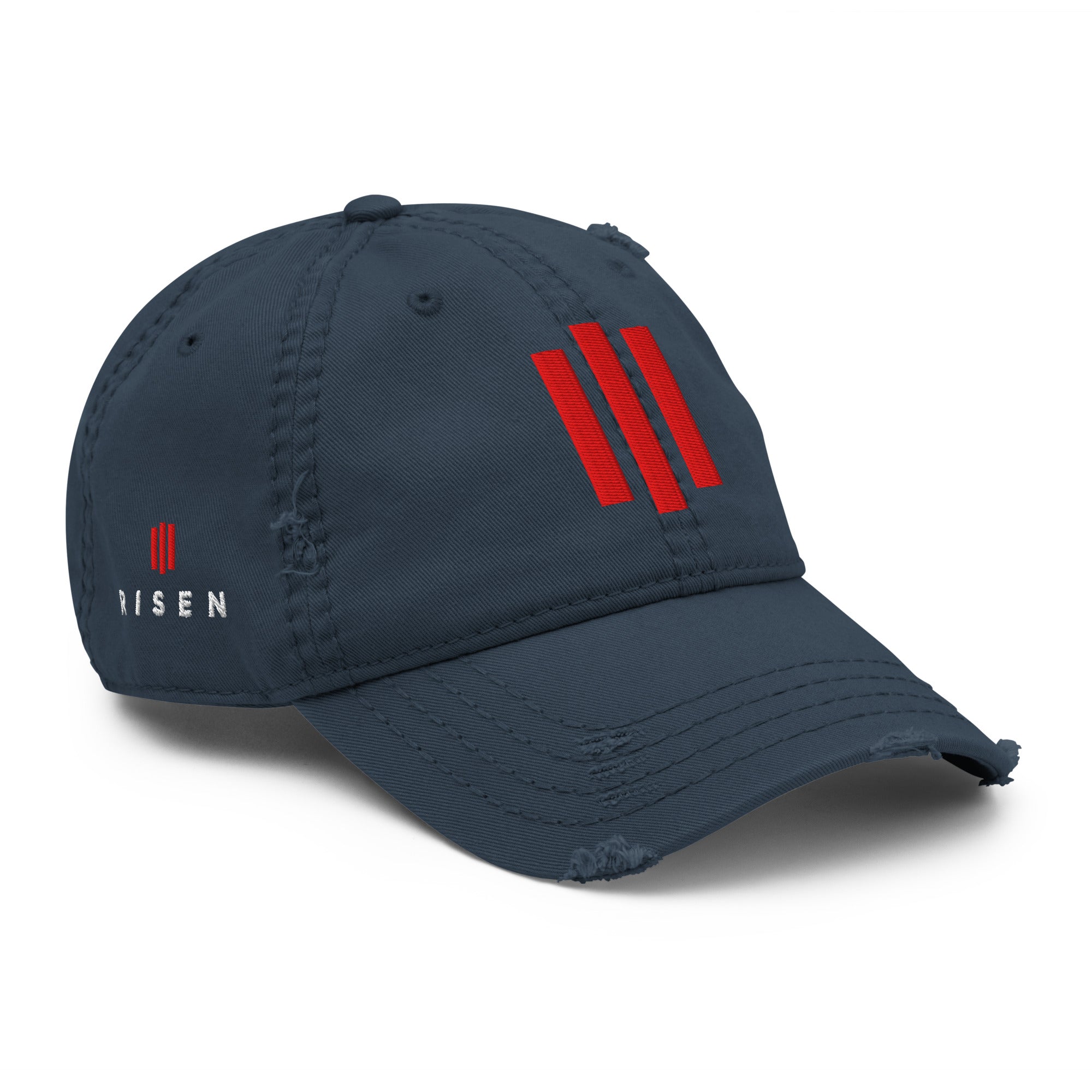 Image of Risen Distressed Christian hat navy right front view — Entrusted to Him