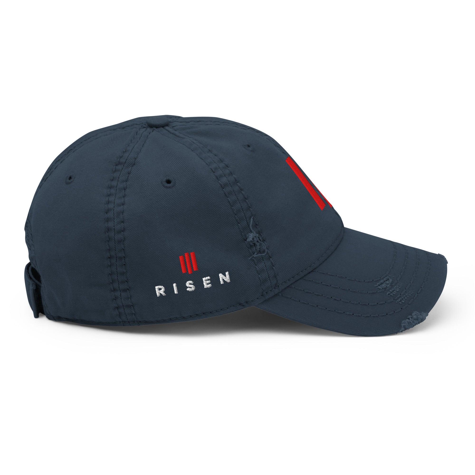 Image of Risen Distressed christian hat for women navy right side view — Entrusted to Him