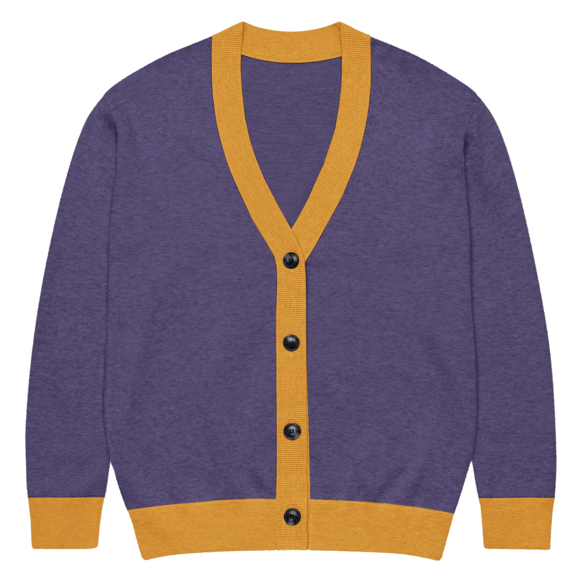 Image of Sovereign Jacquard Knitted Cardigan in heather purple with mustard gold contrast trim on the V-neckline, button placket, cuffs, and hem, featuring dark buttons down the front