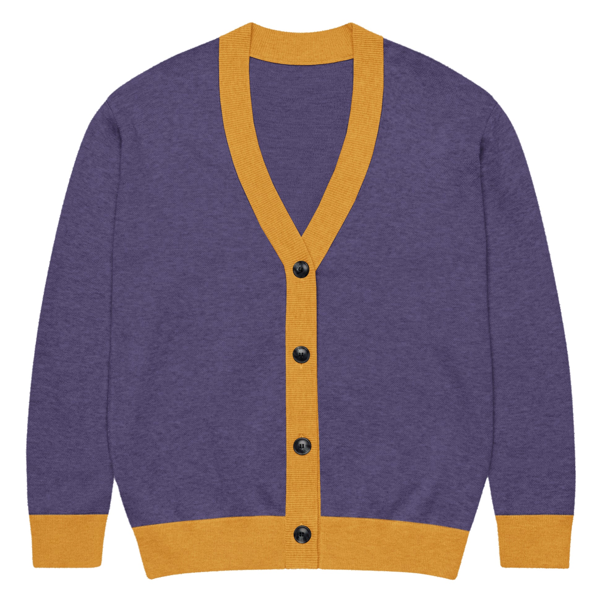 Sovereign Jacquard Knitted Cardigan in heather purple with mustard gold contrast trim on the V-neckline, button placket, cuffs, and hem, featuring dark buttons down the front