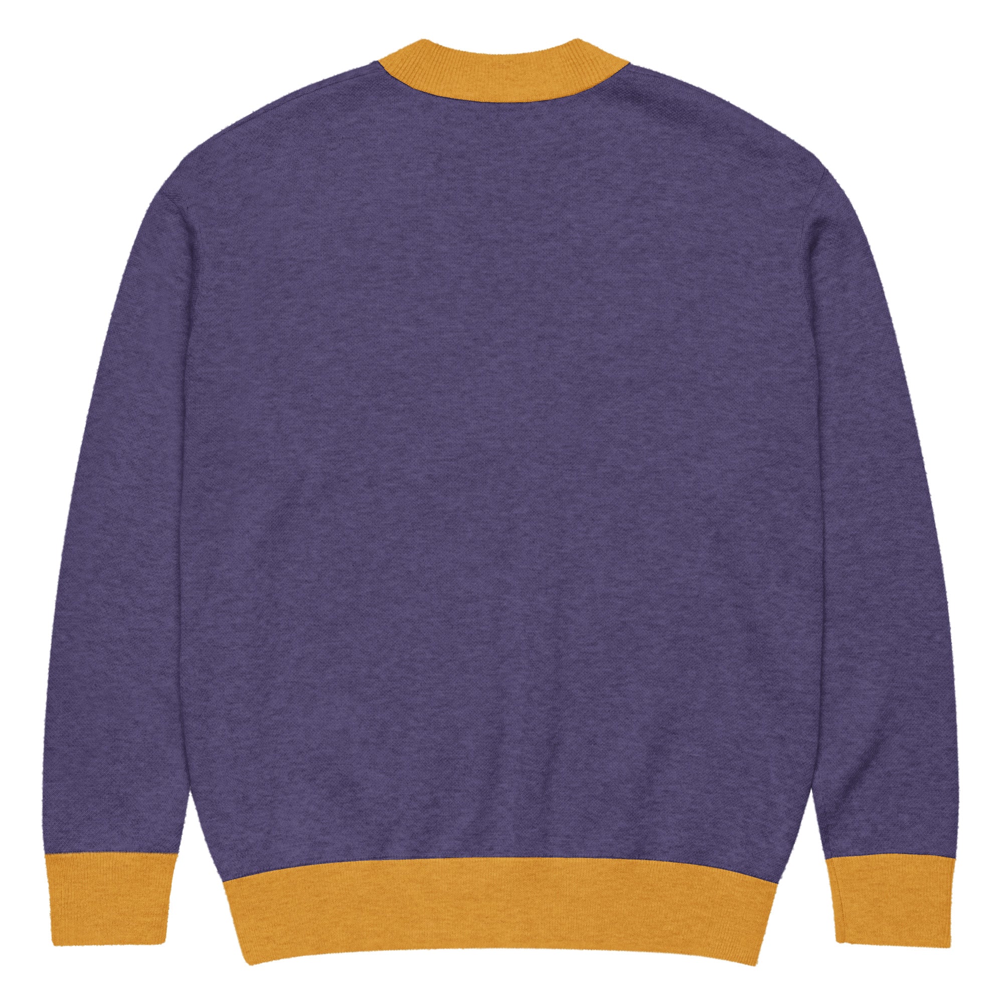 Image of Back view of Sovereign Jacquard Knitted Cardigan in heather purple with mustard gold collar, cuffs, and hem trim