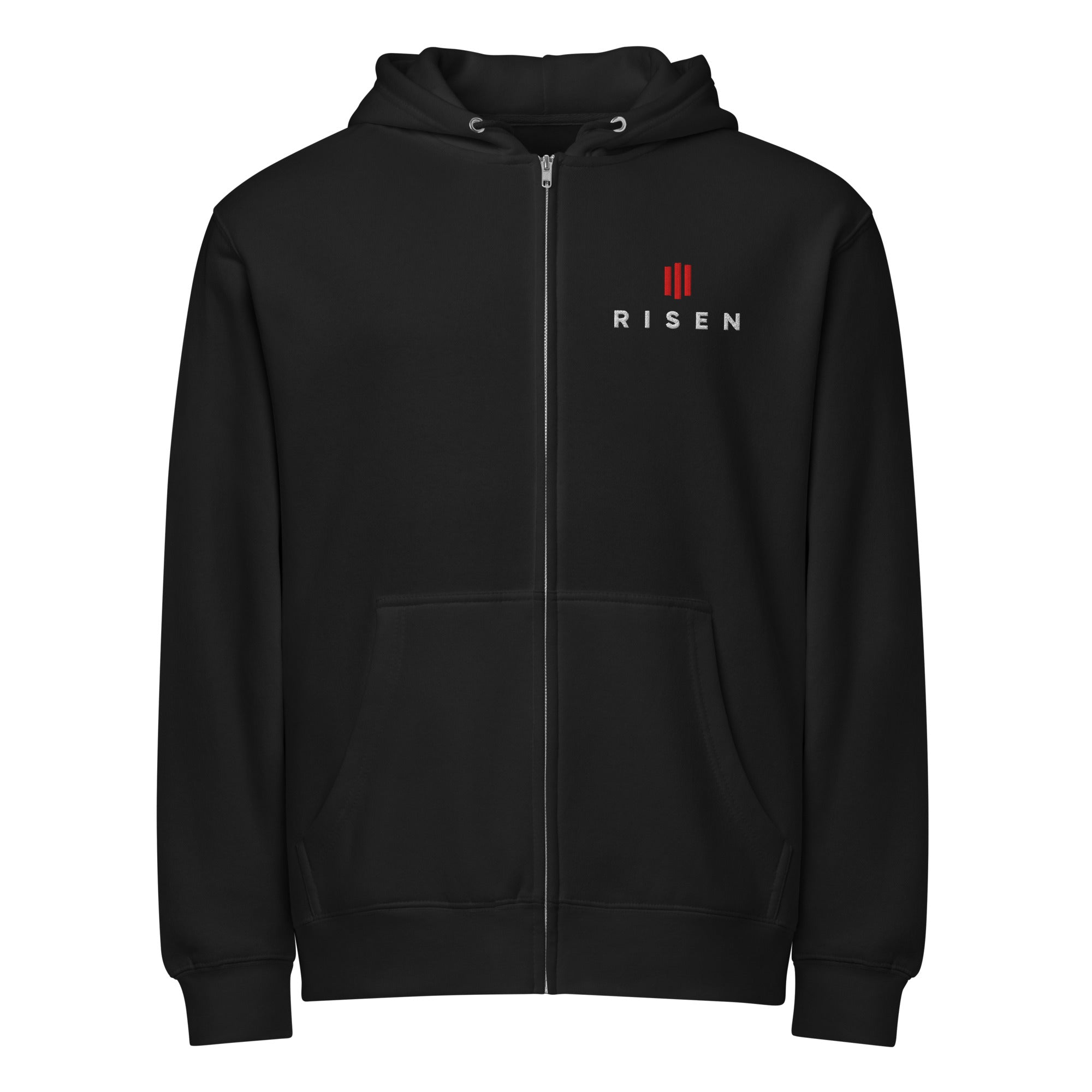 Image of Risen Christian zip hoodie black front — Entrusted to Him faith apparel