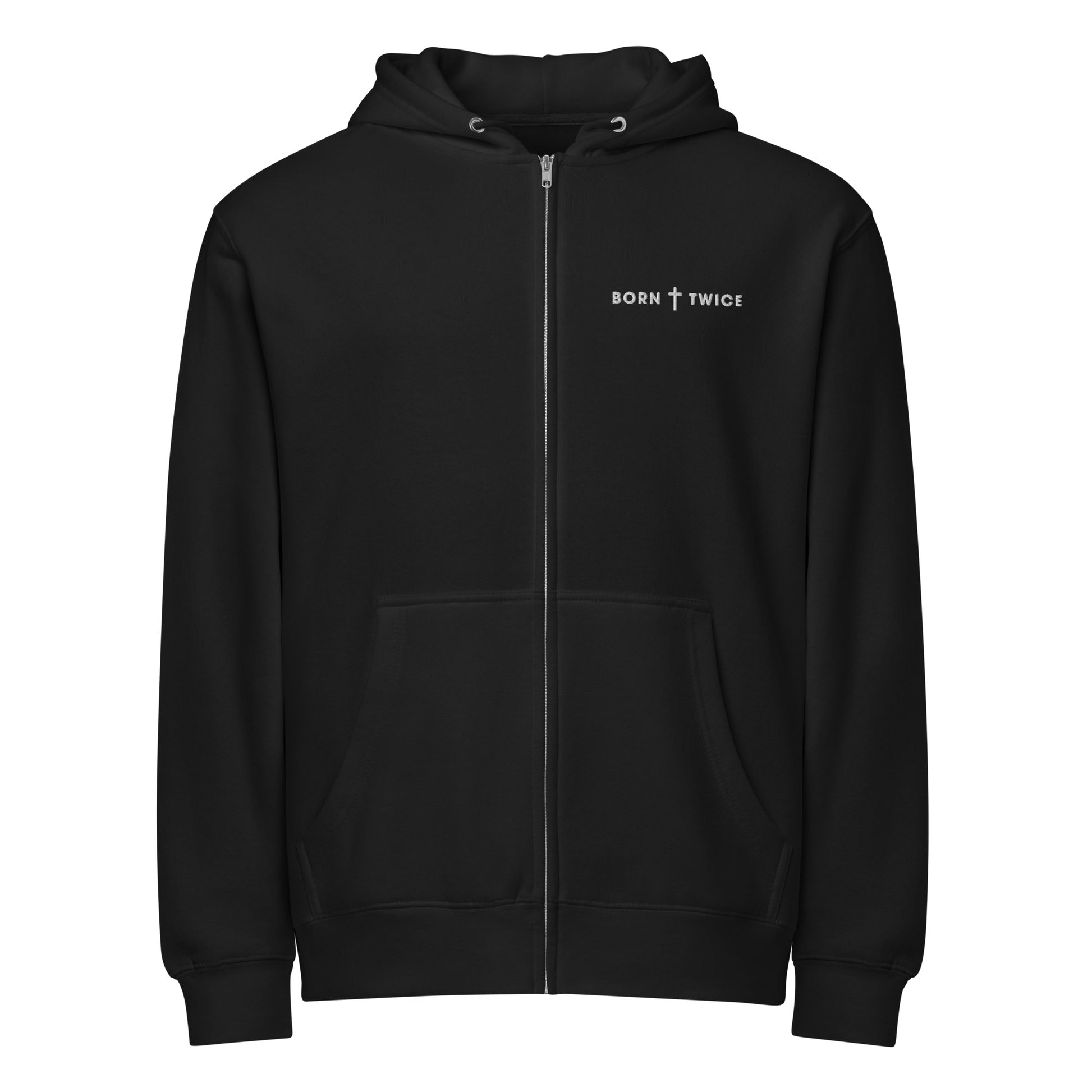 Born Twice Premium Zip Hoodie black front — Christian zip hoodie John 3:3 faith apparel