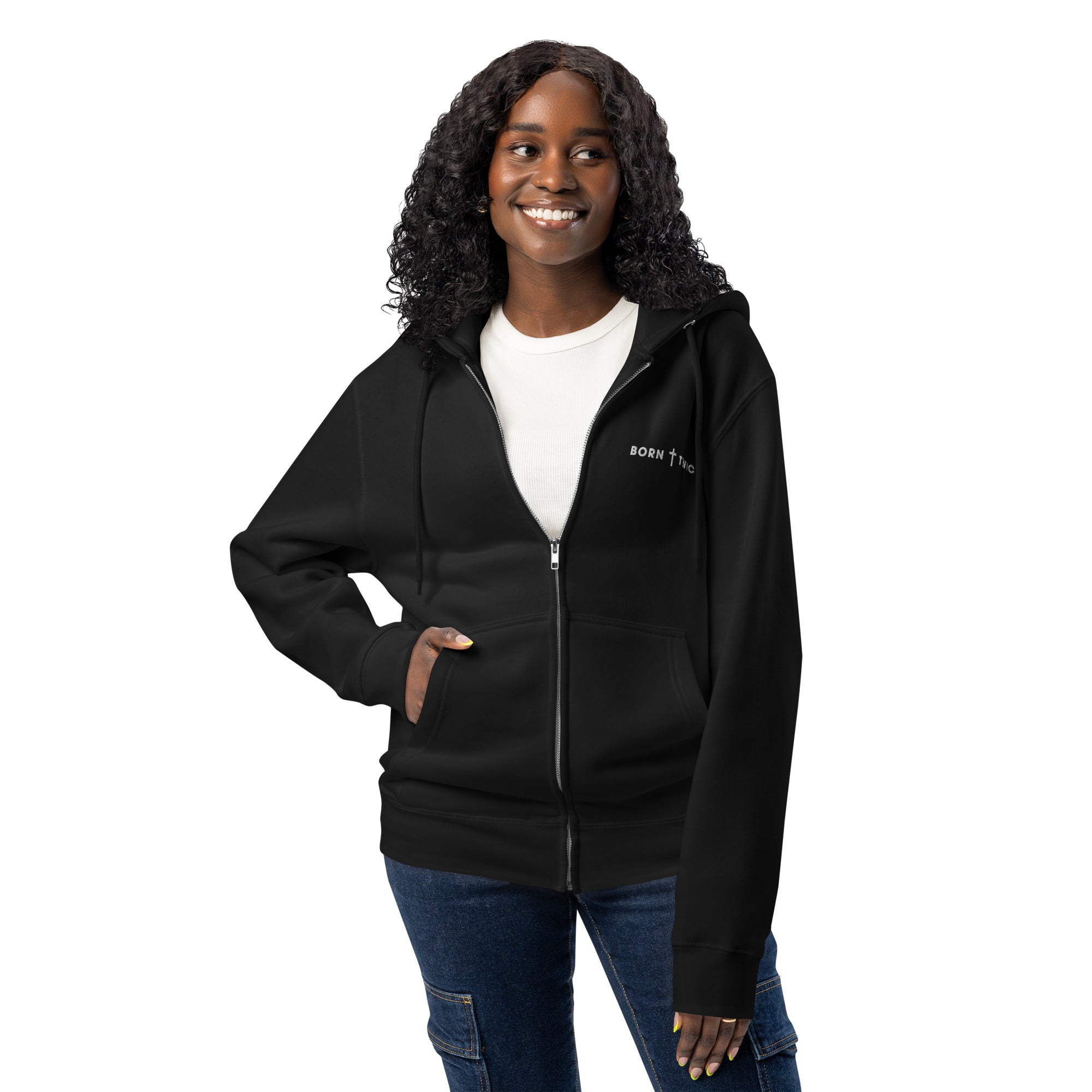 Image of Born Twice Premium Zip Hoodie black lifestyle female front — faith-based zip hoodie Entrusted to Him