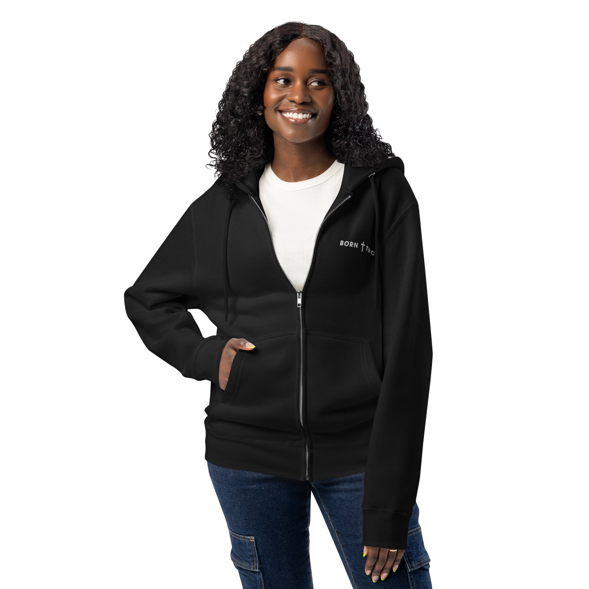 Born Twice Premium Zip Hoodie black lifestyle female front — faith-based zip hoodie Entrusted to Him